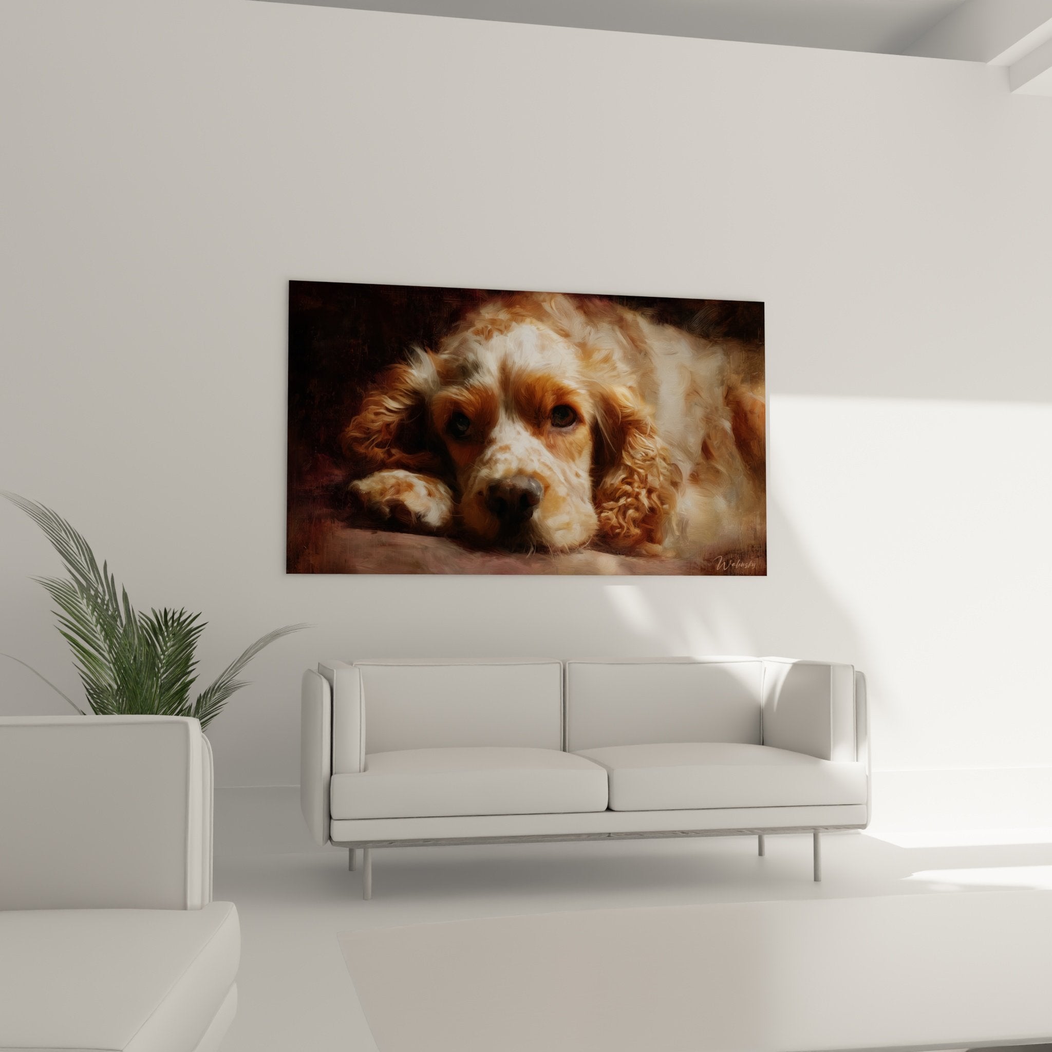Détail tableau Cocker Americain montrant pelage bouclé doré blanc et regard expressif touchant