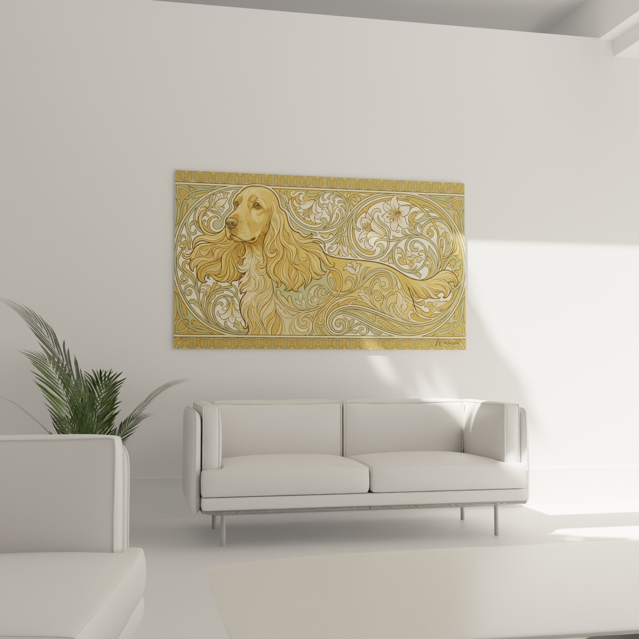 Détail gros plan cocker anglais ornements dorés arabesques art nouveau motifs végétaux décoratifs