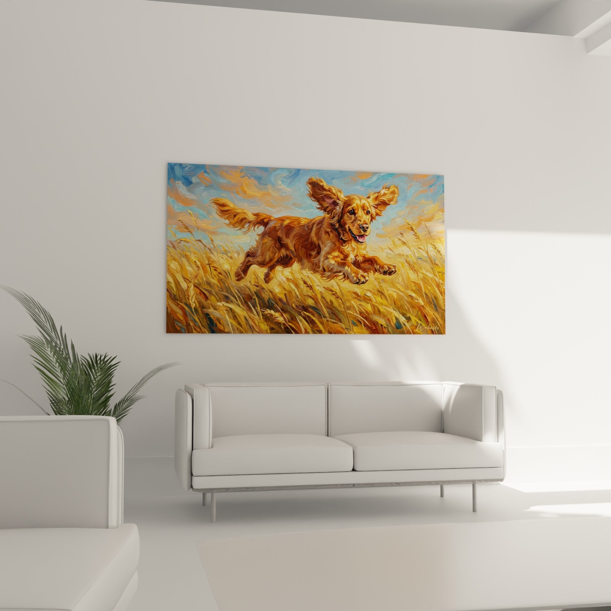 Détail peinture cocker anglais - pelage roux aux reflets cuivrés et oreilles flottantes dans le mouvement