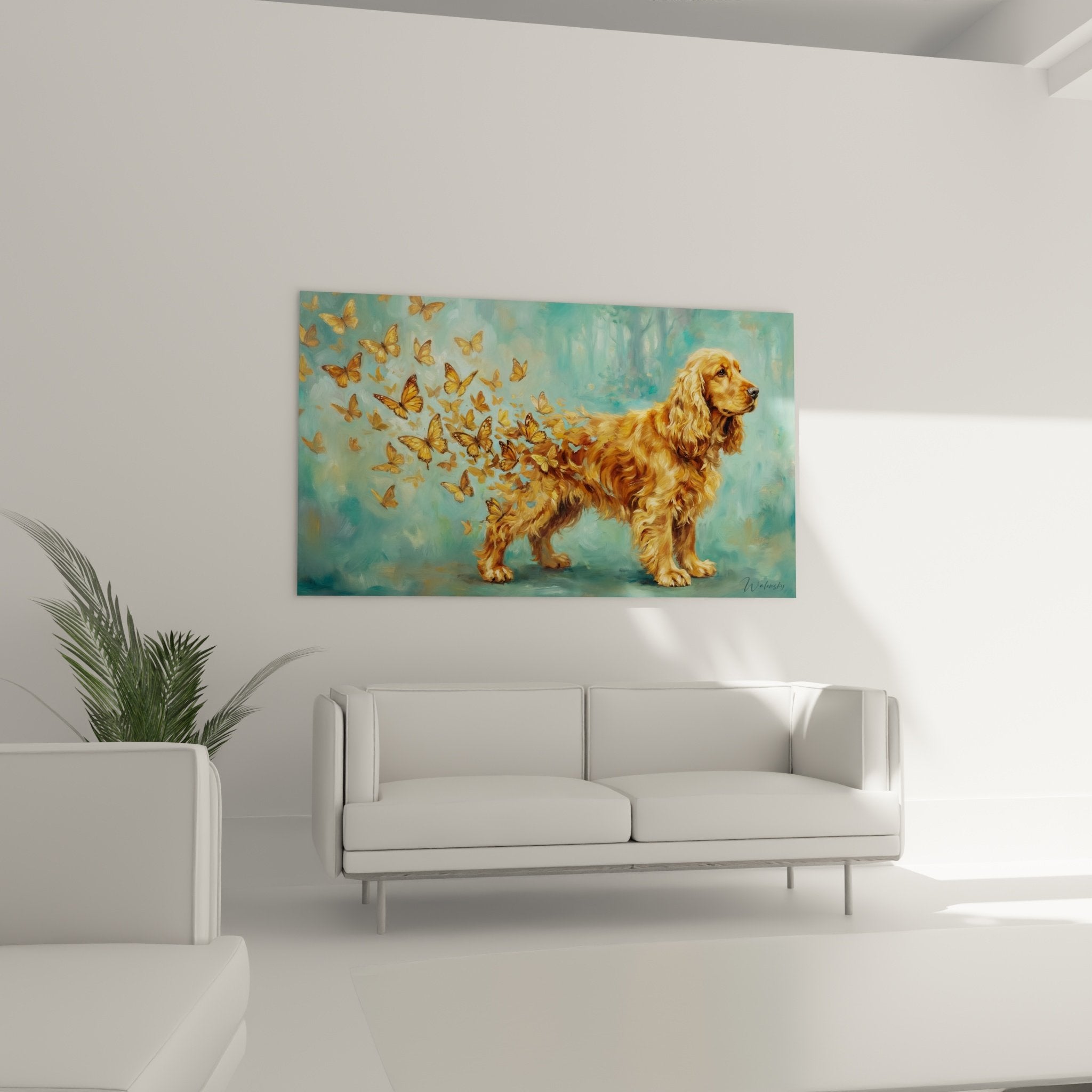 detail cocker anglais dore papillons envol transformation magique peinture artistique qualite