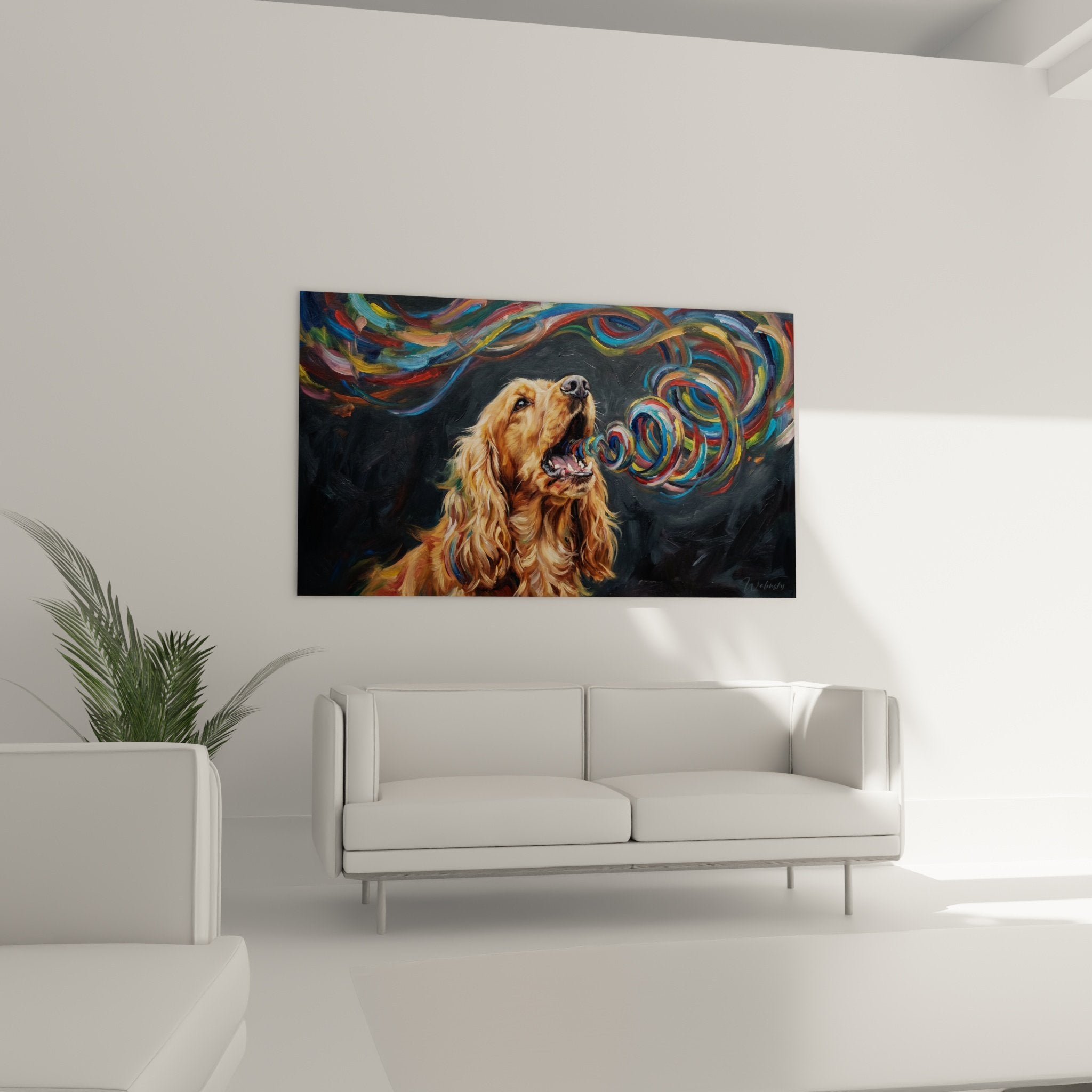 Detail peinture cocker anglais pelage dore spirales bleues rouges jaunes vertes