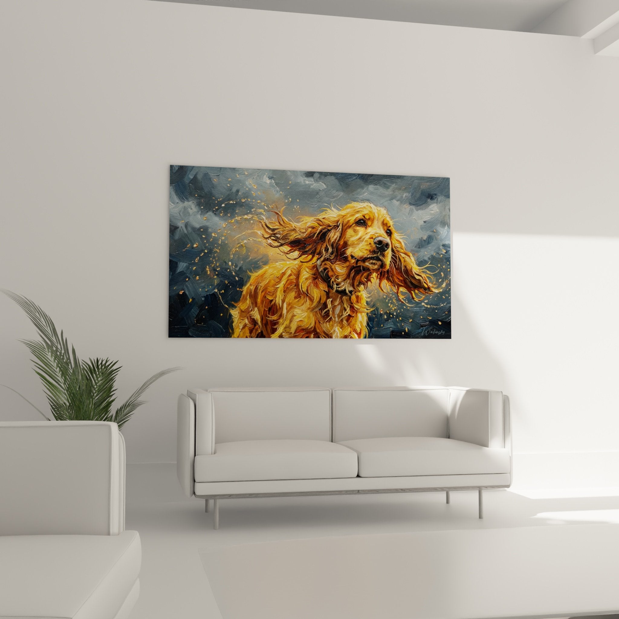 Détail du tableau montrant la texture expressive des poils dorés du Cocker et les particules lumineuses dorées