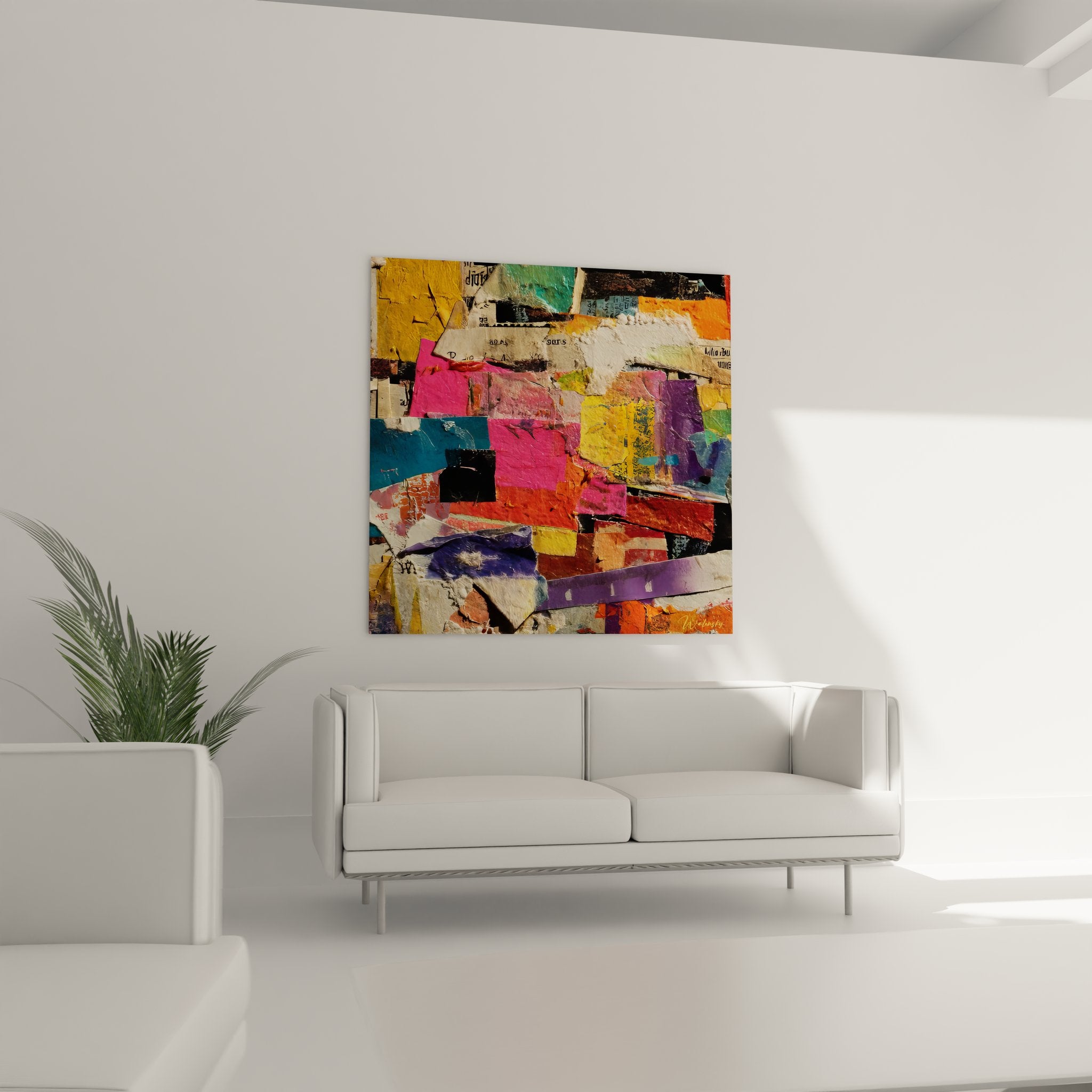 Gros plan détaillé du tableau collage montrant textures papier et peinture abstraite colorée