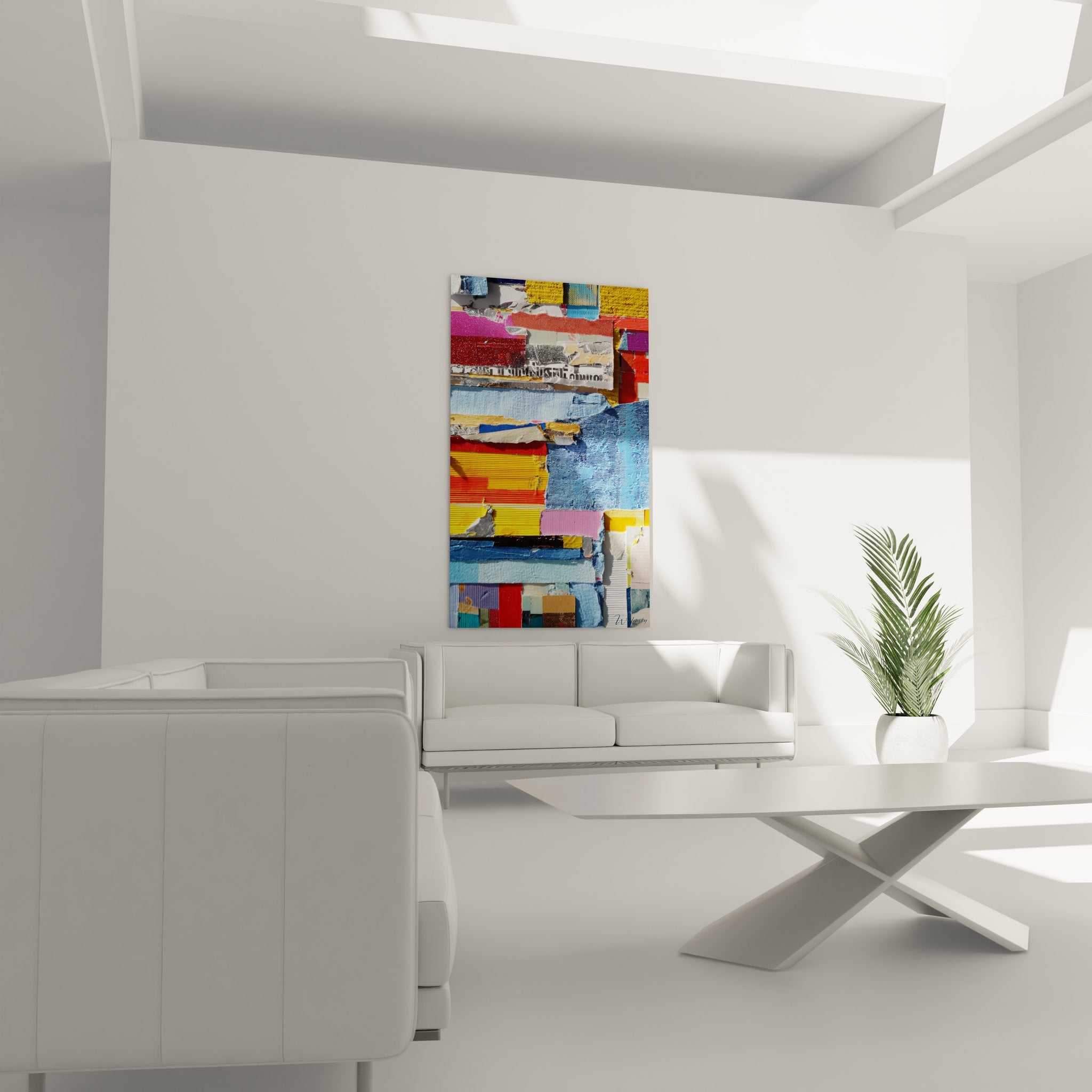 Gros plan détail tableau collage fragments colorés textures papier et peinture abstraite