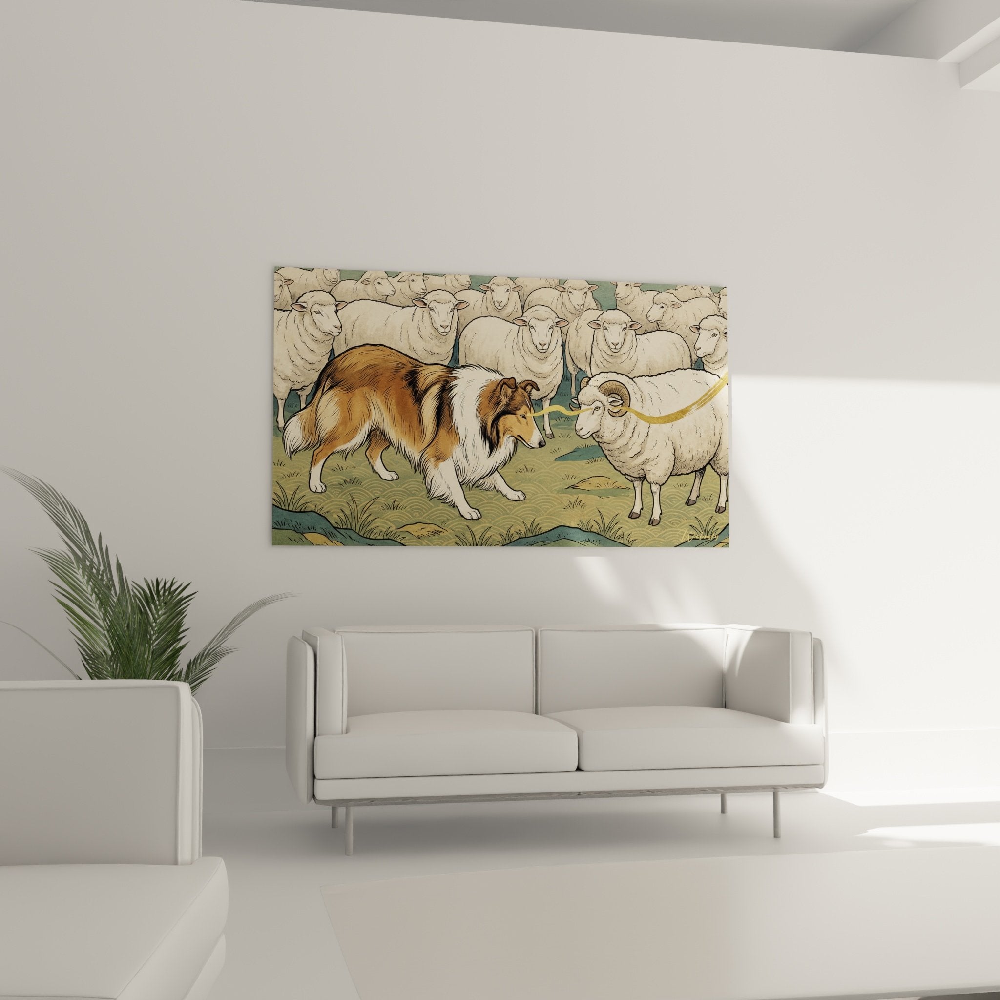 Detail tableau collie brun blanc concentration regard mouton belier cornes illustration
