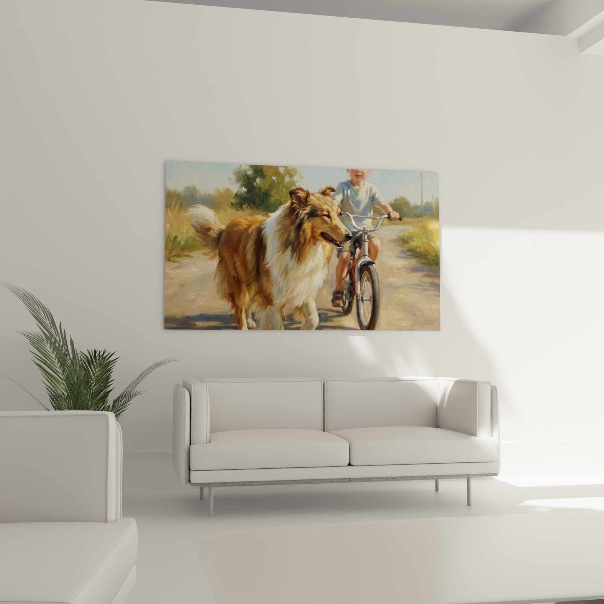 Détail du pelage soyeux fauve et blanc du Collie et expression joyeuse avec langue rose sur tableau rural