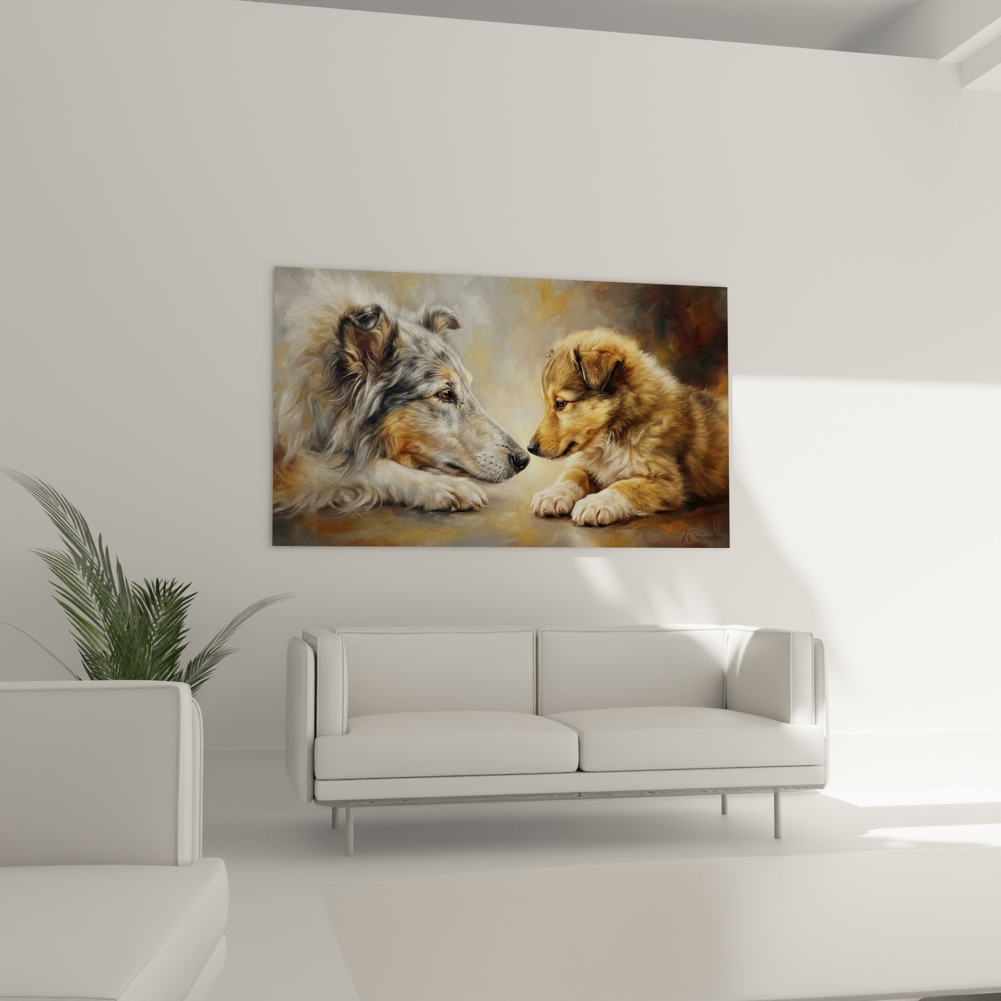 detail peinture collie yeux expressifs pelage argente fauve technique realiste art animalier qualite museale