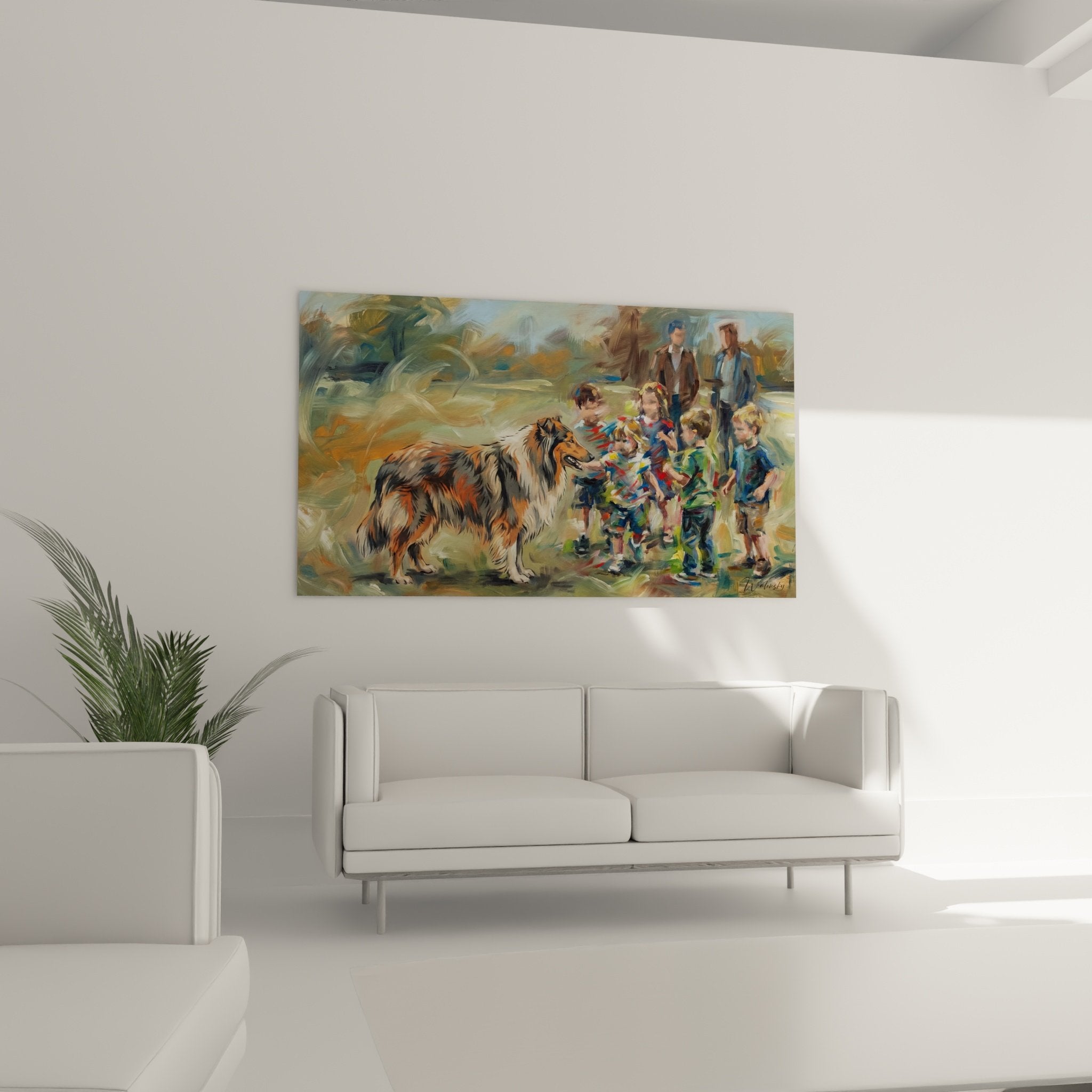 Détail du pelage roux et noir du Collie avec enfants en arrière-plan dans cette œuvre touchante