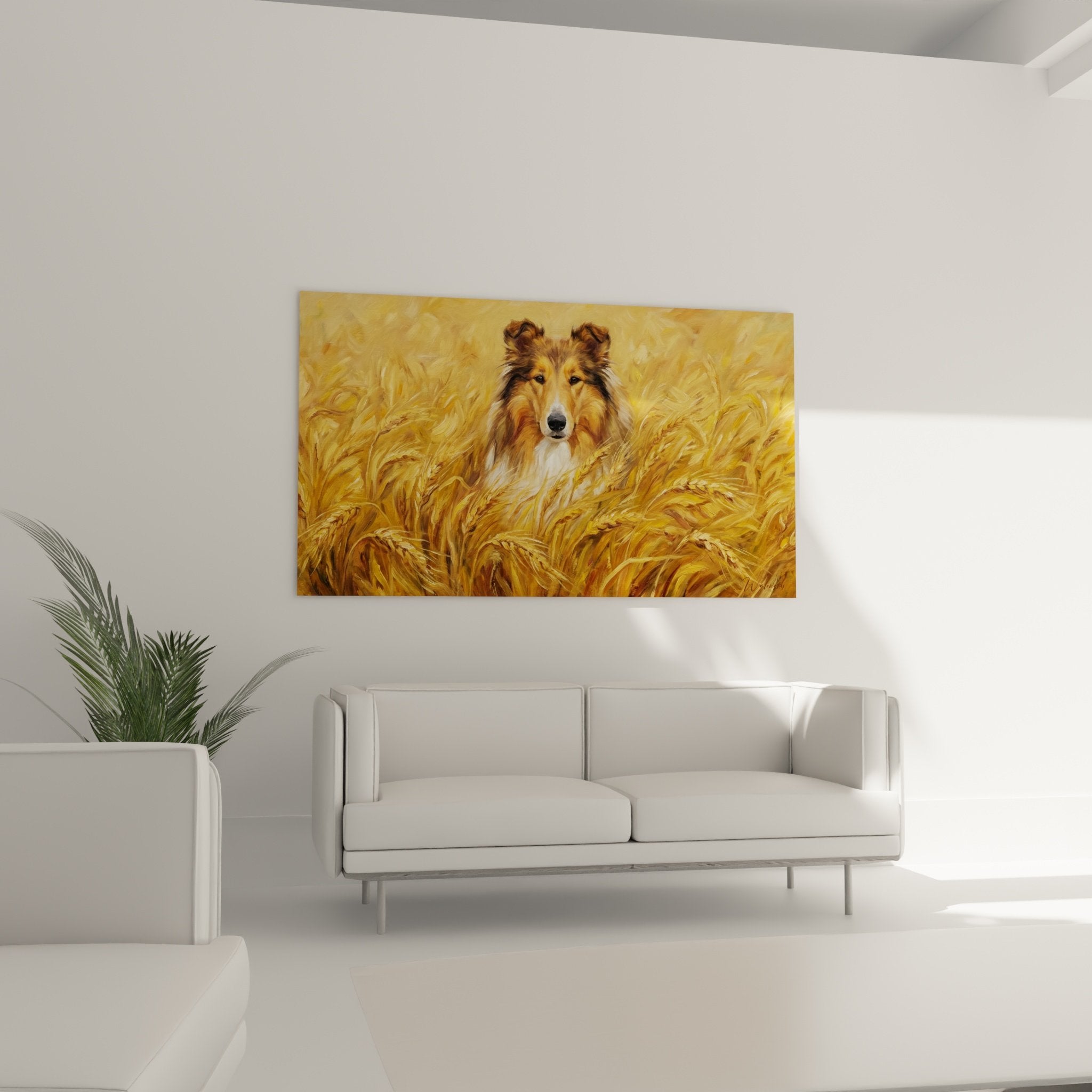 detail peinture collie pelage roux regard intelligent technique picturale realiste tons cuivres