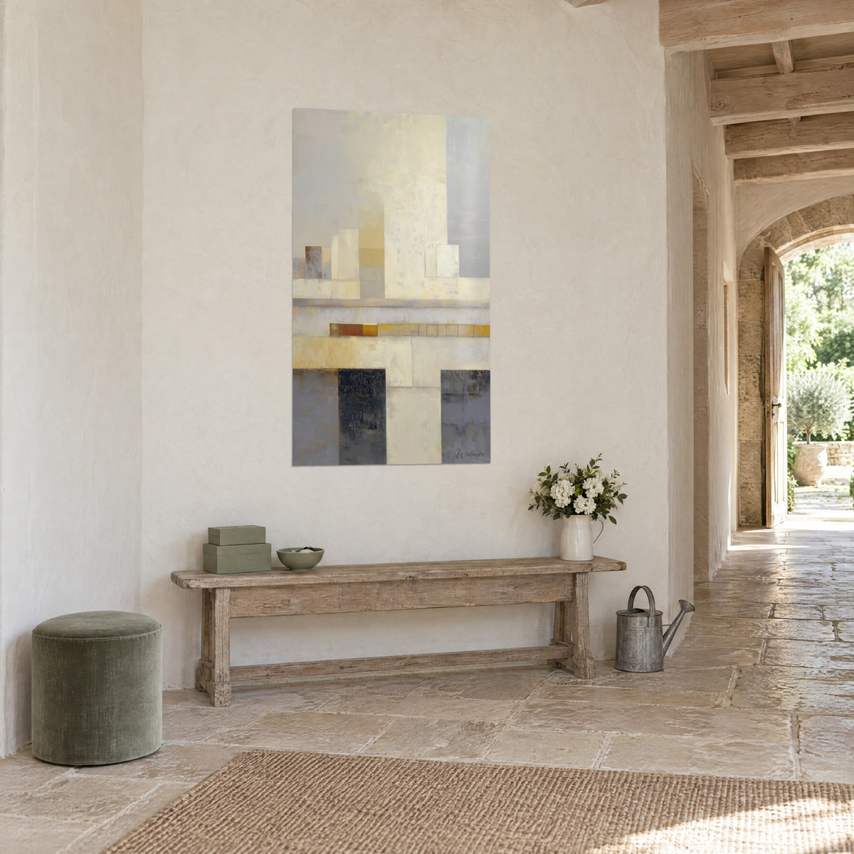 Wall art cream abstract architecture, charcoal black rectangles at the bottom, three-quarter view of a stone wall, vaulted corridor