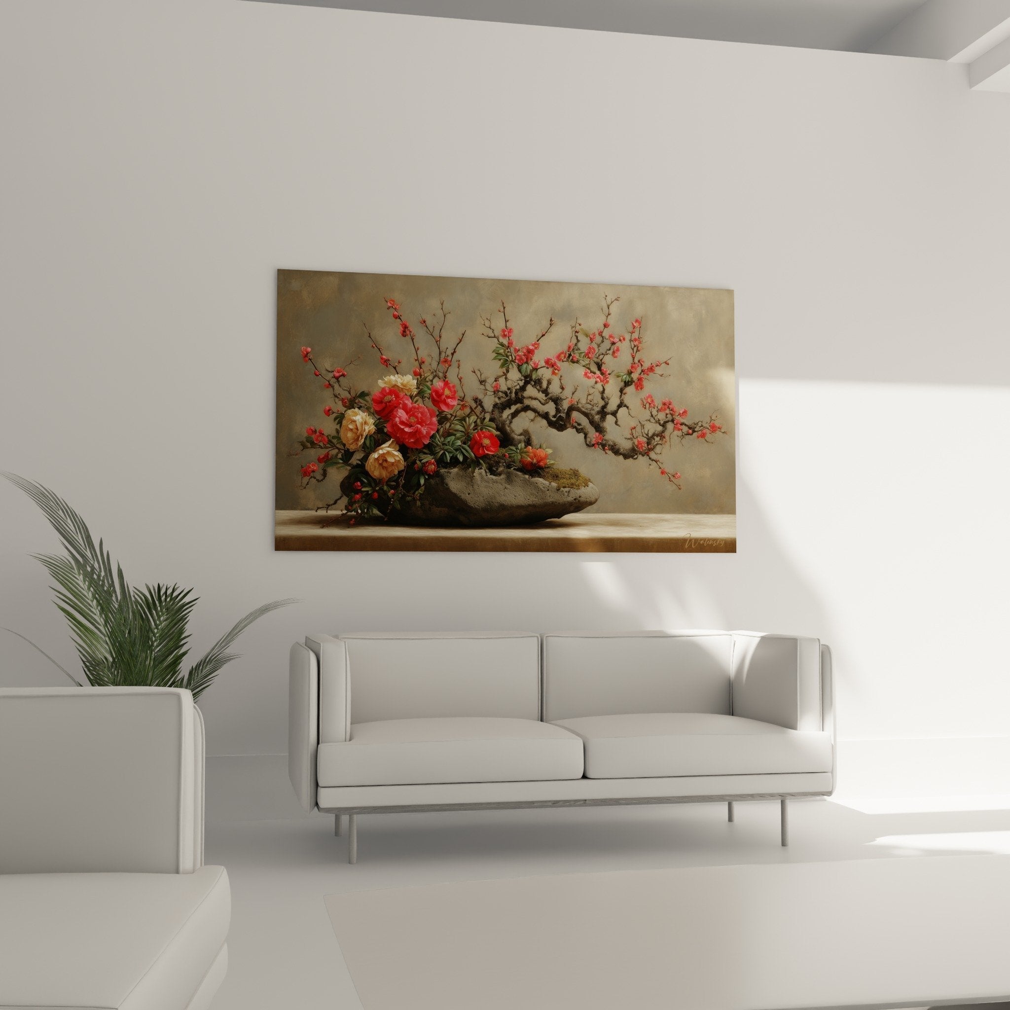 Détail composition florale japonaise fleurs pêche corail branches délicates art ikebana