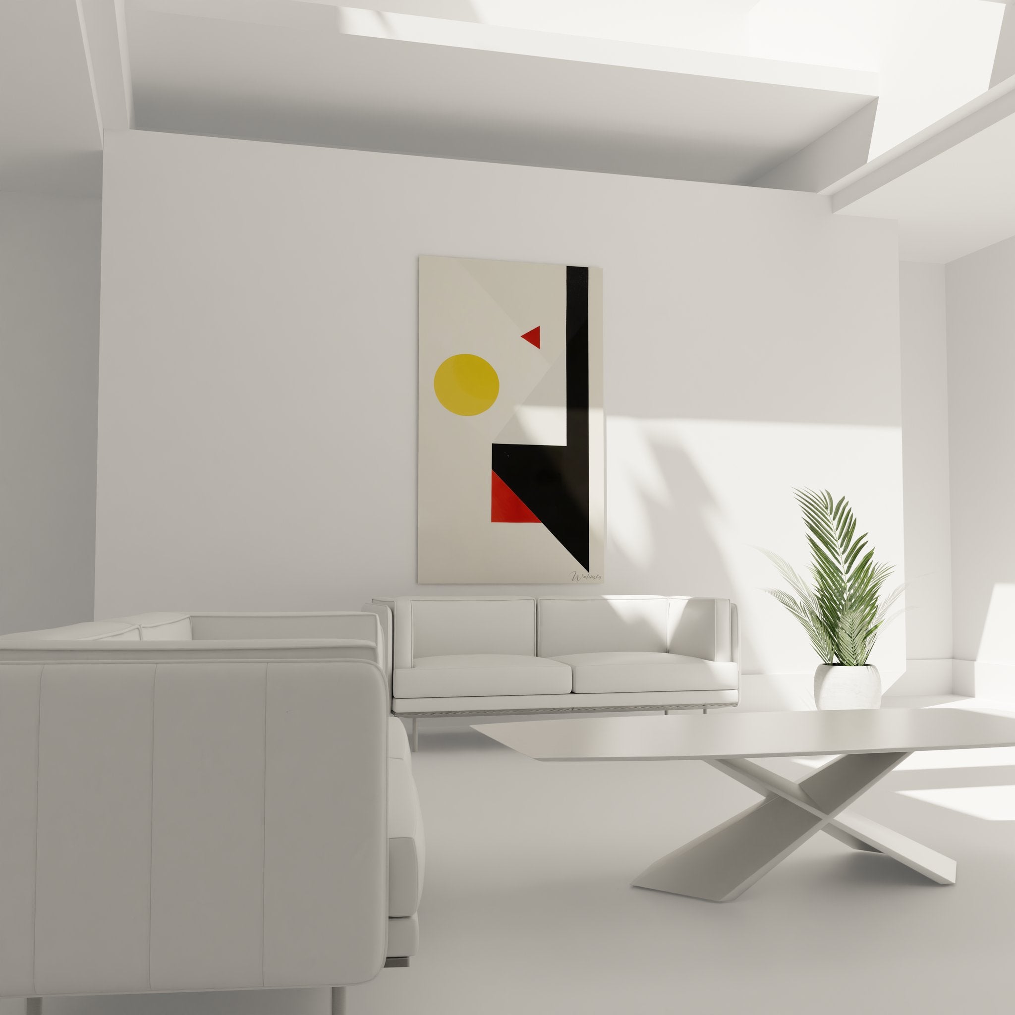 Détail composition géométrique abstraite cercle jaune triangles rouges formes noires