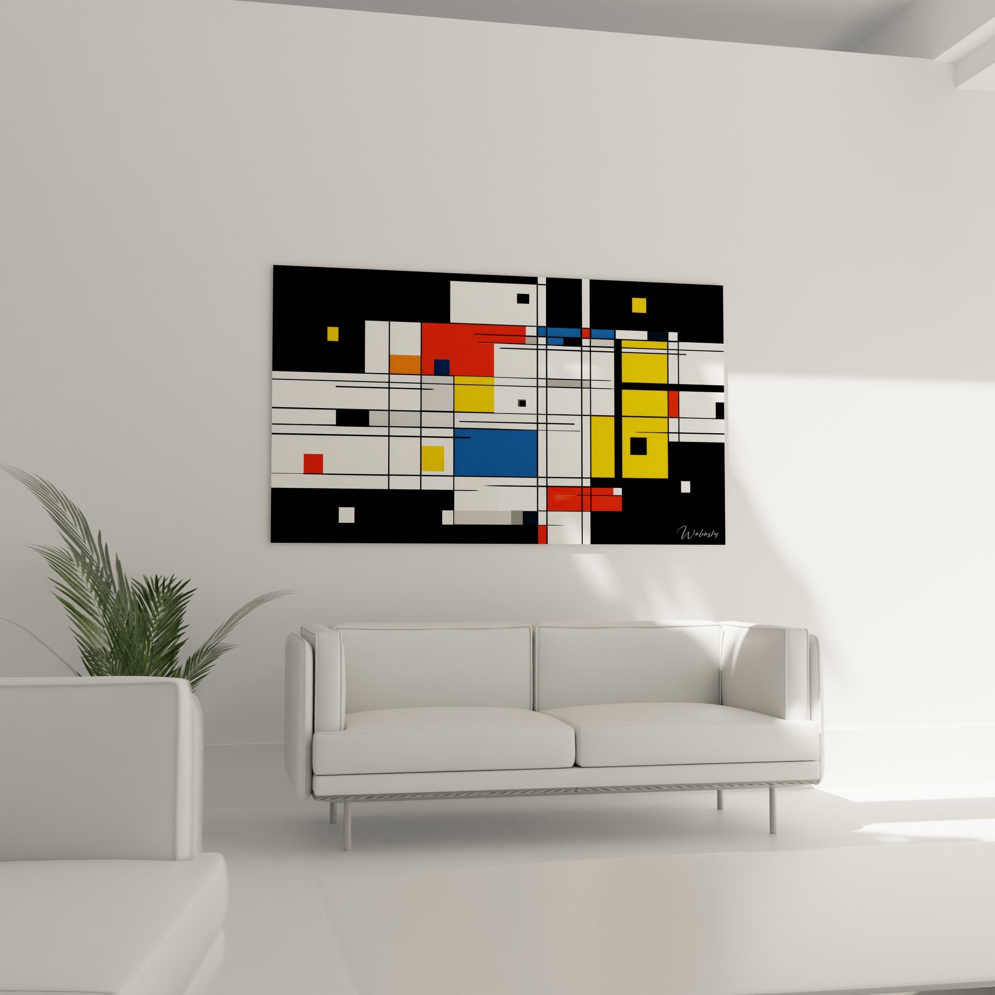 Détail composition géométrique abstraite lignes noires formes colorées style Mondrian