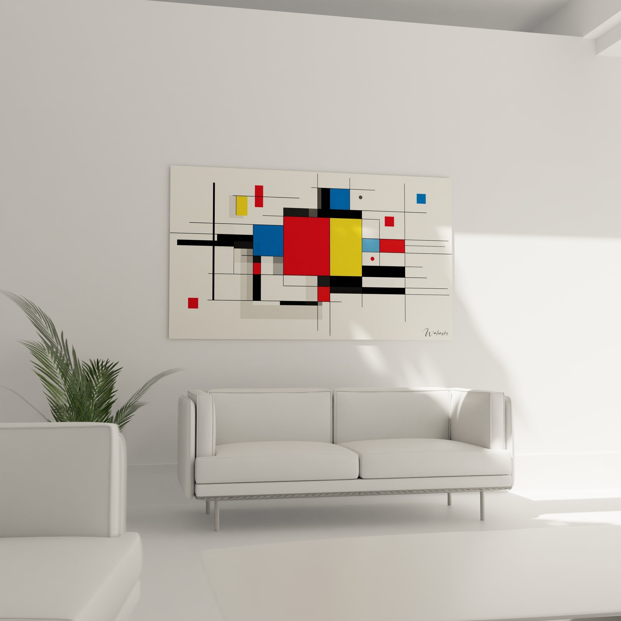 Détail composition géométrique abstraite montrant intersection formes colorées et lignes structurantes