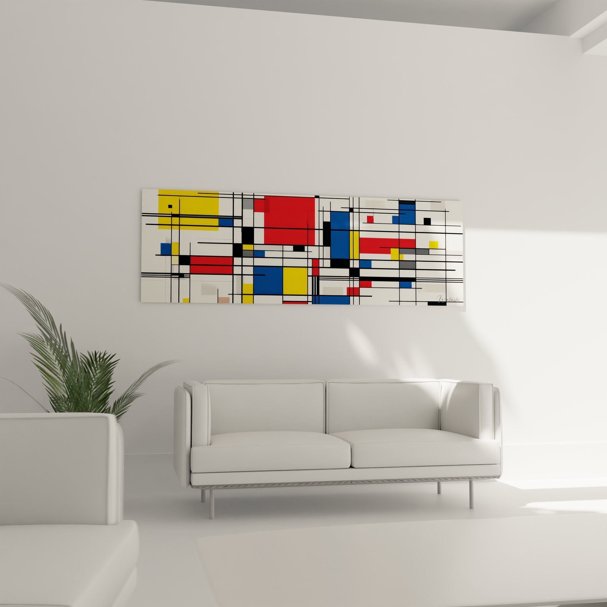 Détail composition géométrique abstraite lignes noires couleurs primaires style néoplasticisme