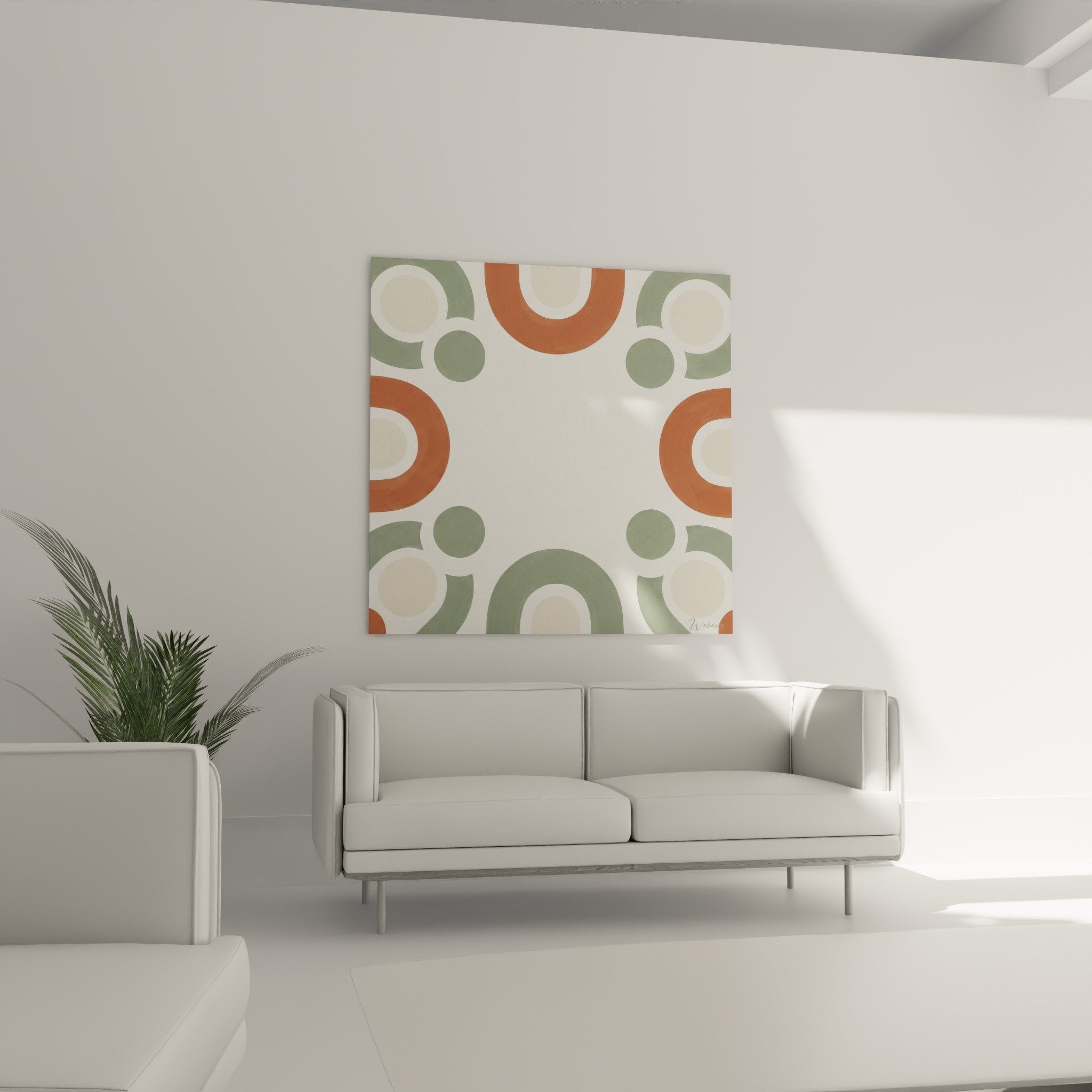 Detail tableau cercles entrelaces geometrie moderne couleurs terre sauge composition mandala