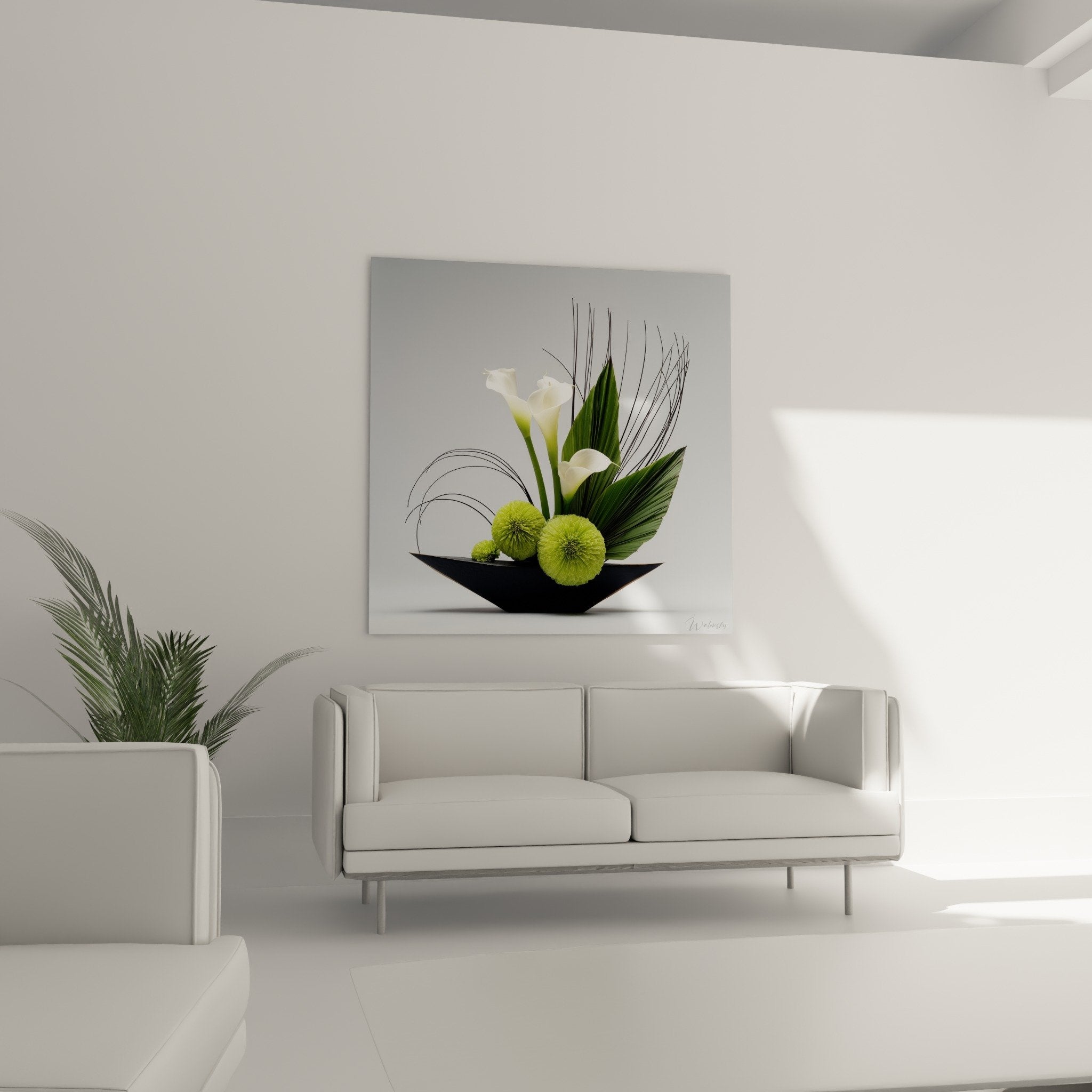 detail callas blancs et chrysanthemes verts arrangement floral ikebana art japonais contemporain