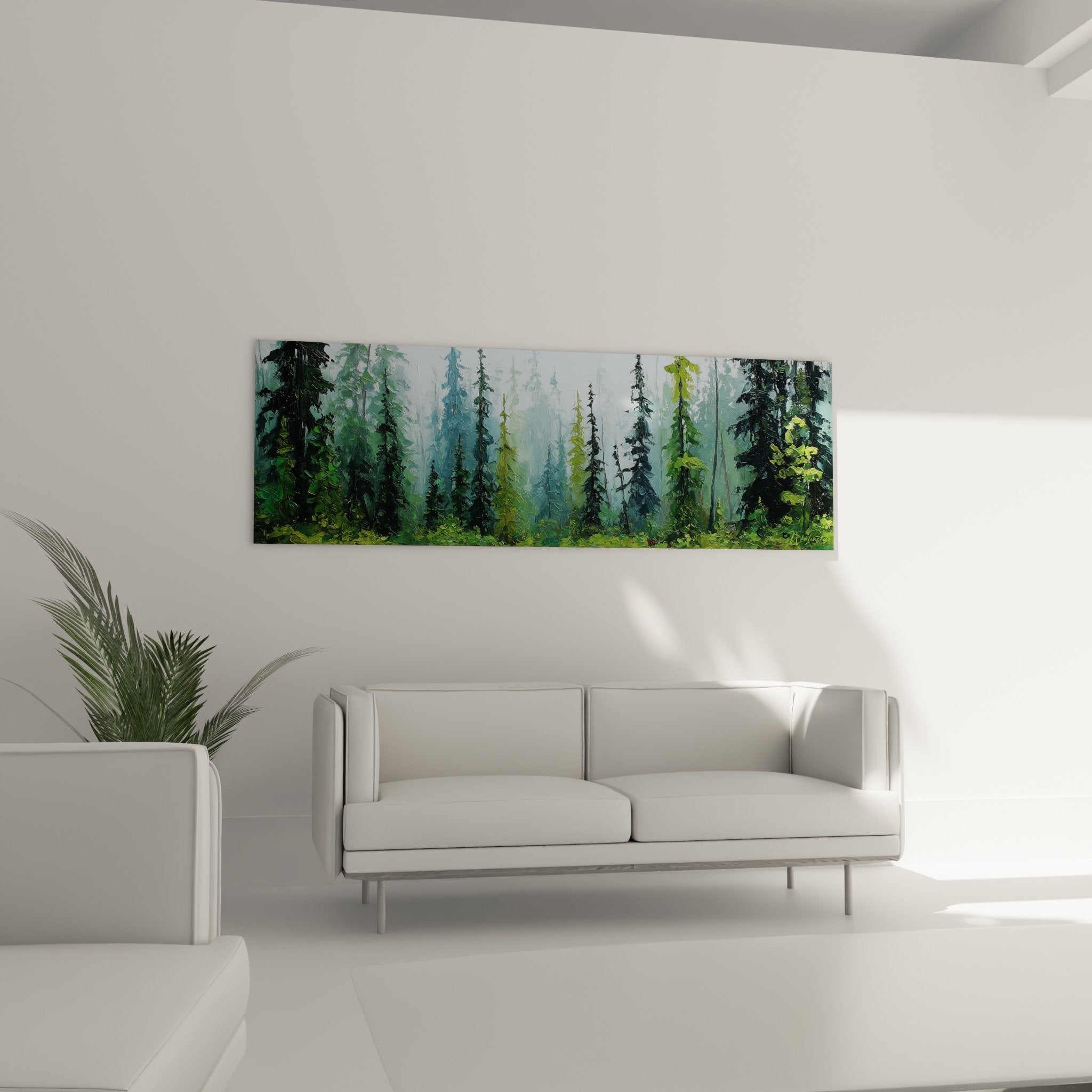 Detail tableau coniferes sapins verts brume bleue peinture feng shui est bois