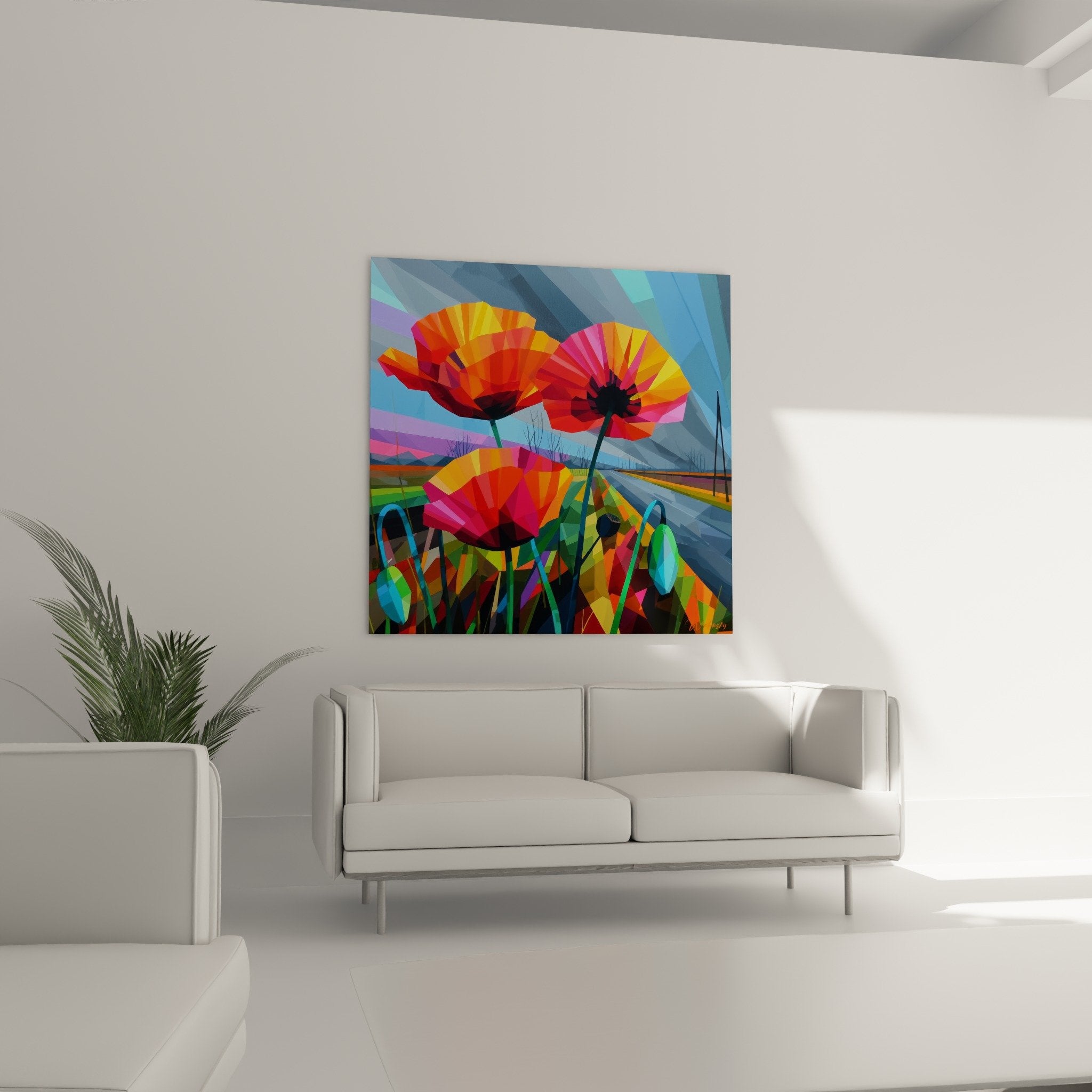 Detail coquelicot geometrique facettes rouge orange rose petales polygonaux art vitrail contemporain
