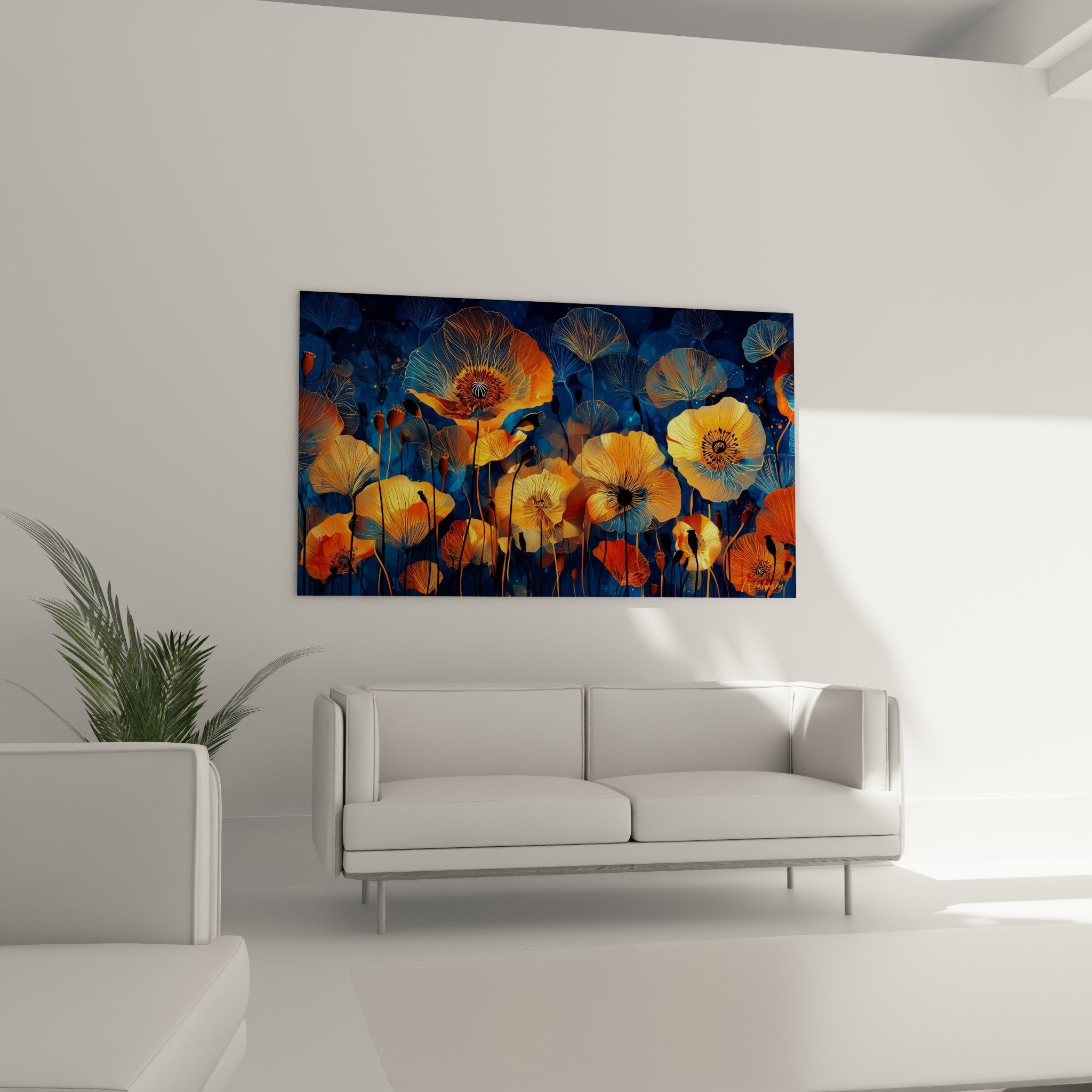 Dettaglio papavero arancione dorato, petali luminescenti con venature ramate, texture floreale artistica