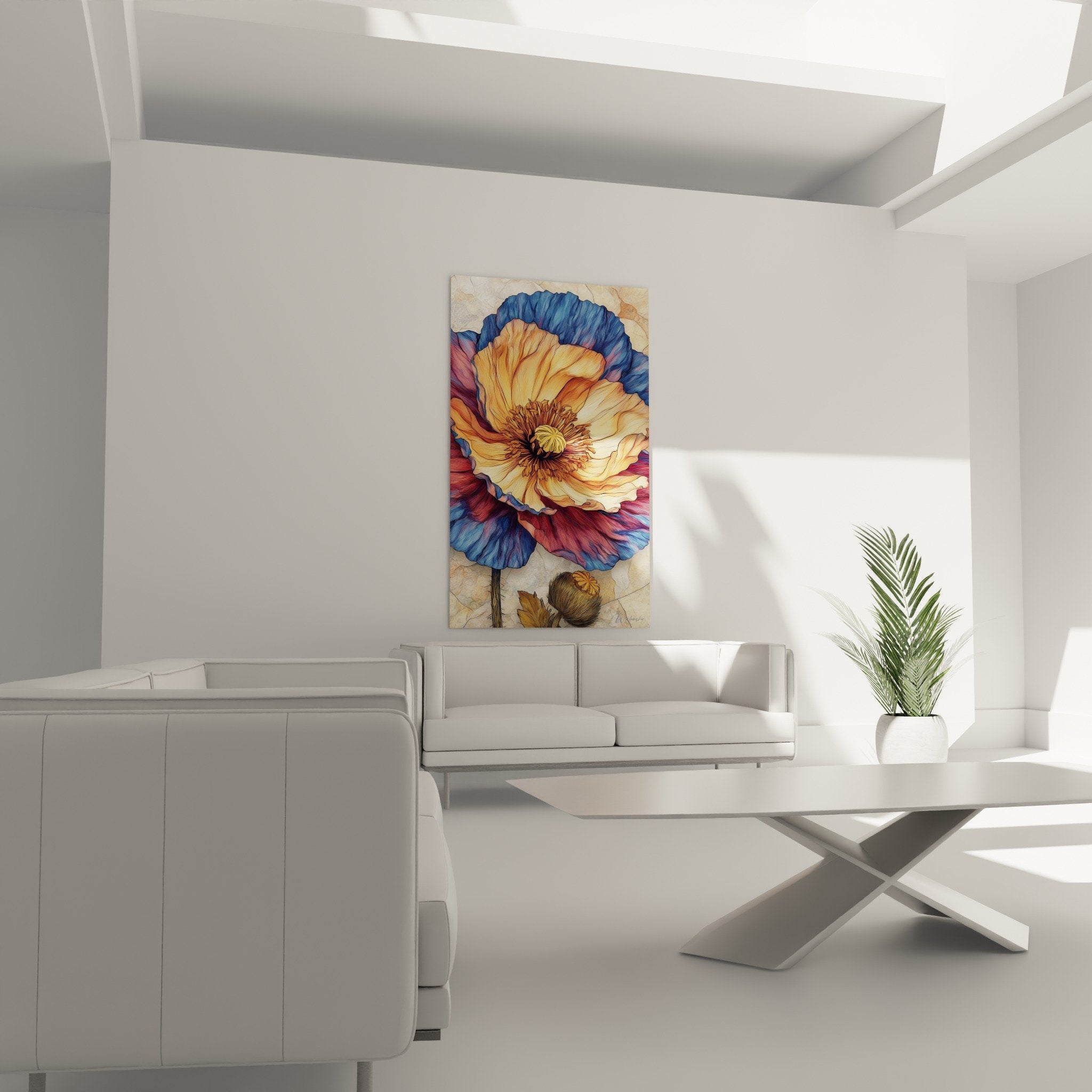Stylized poppy detail blue petals golden heart amber stamens crackle texture background