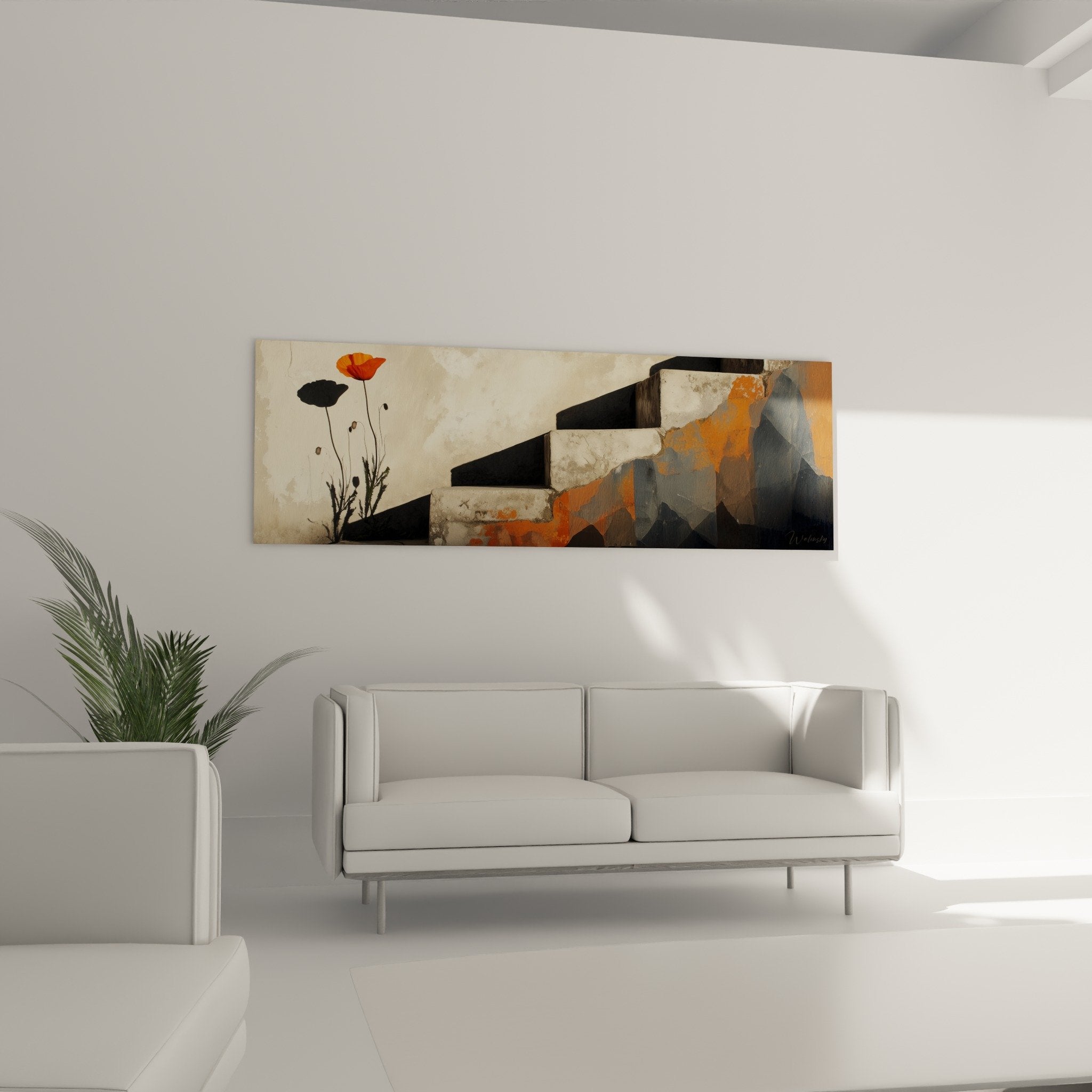 Detail rapproche tableau coquelicot rouge orange escalier geometrique textures beiges art mural