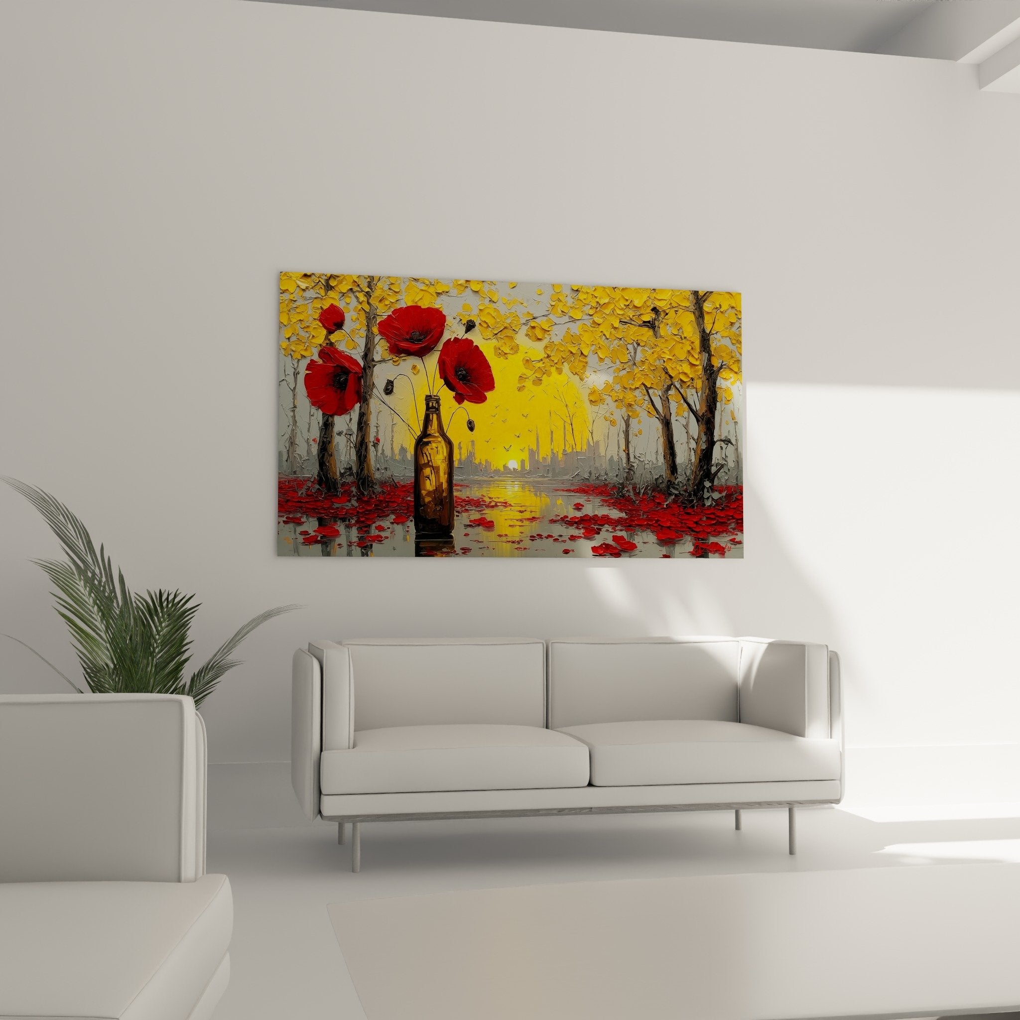 Detail coquelicots rouges bouteille ambree technique peinture couteau textures empates