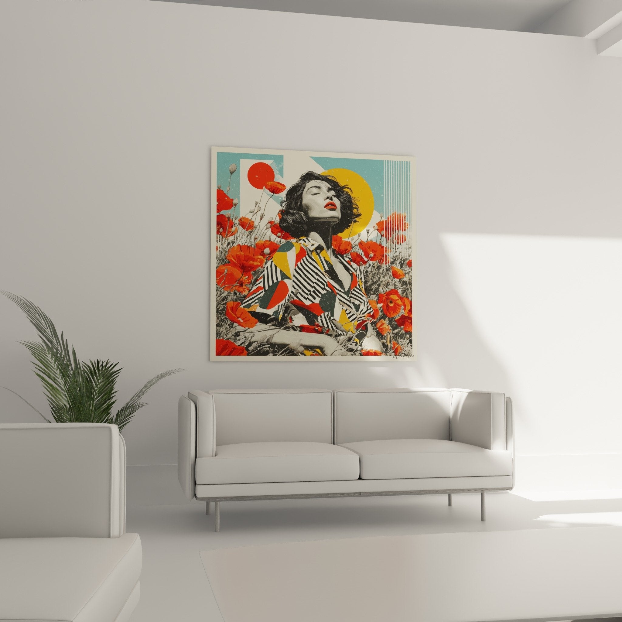 Dettaglio quadro papaveri rossi motivi geometrici righe nero bianco cerchi arancioni composizione artistica moderna