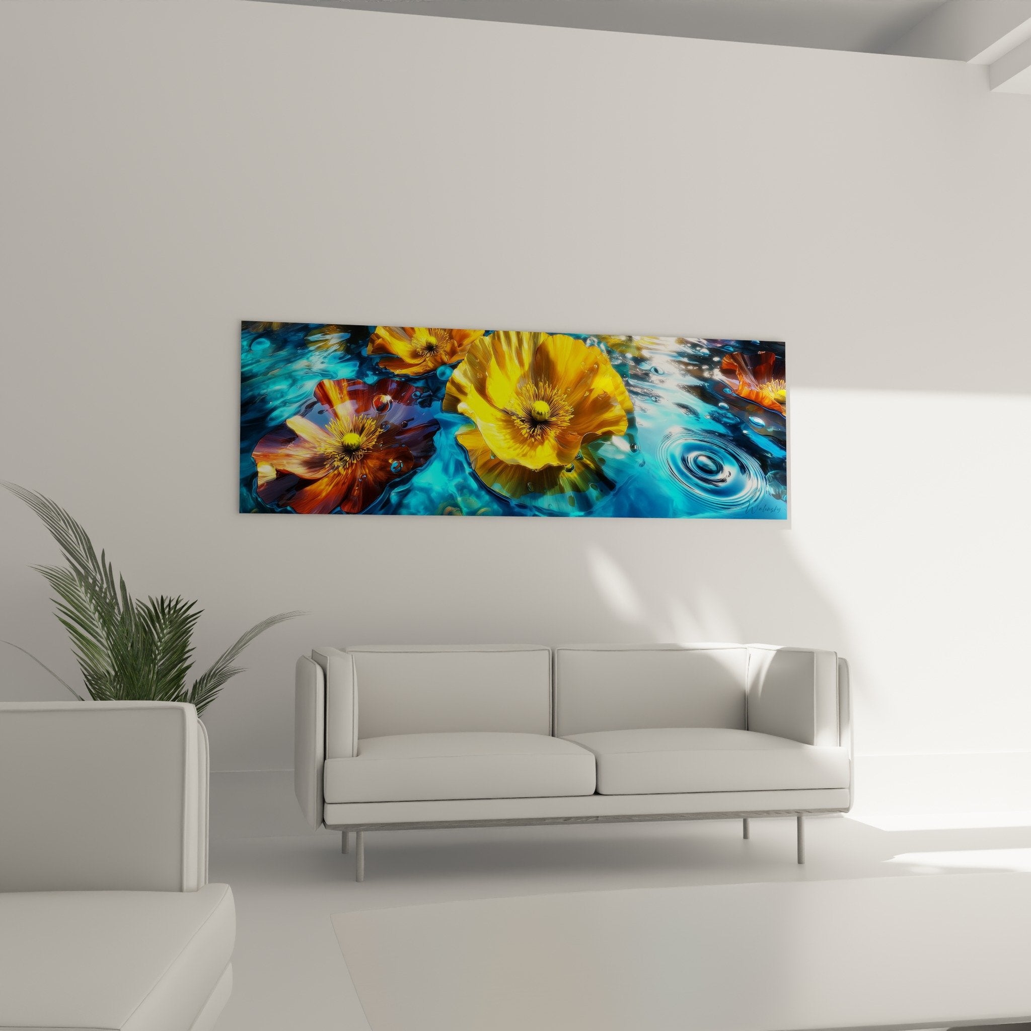 Detail of poppies with golden petals and dark heart floating on crystalline turquoise water surface