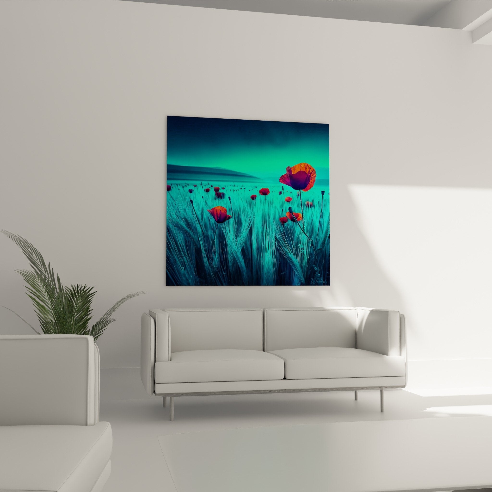 Detail poppy flower painting red orange petals turquoise herbs textured brushwork modern floral art