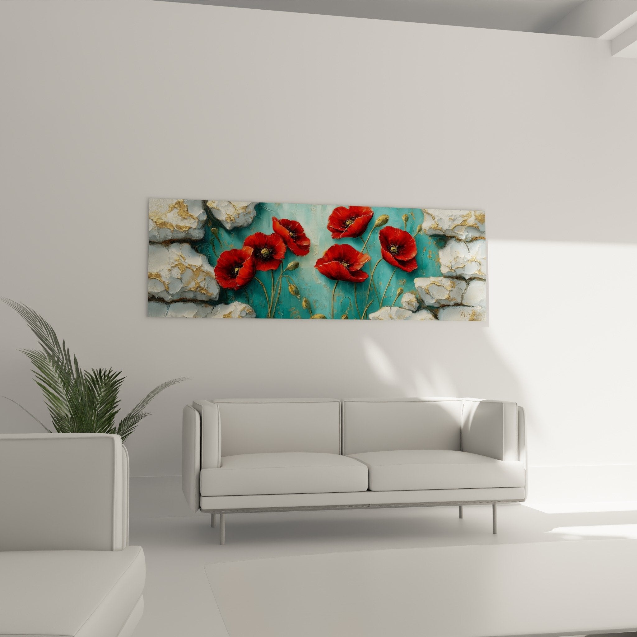 Red vermillion poppy painting detail, relief impasto technique, textured petals with material dimension