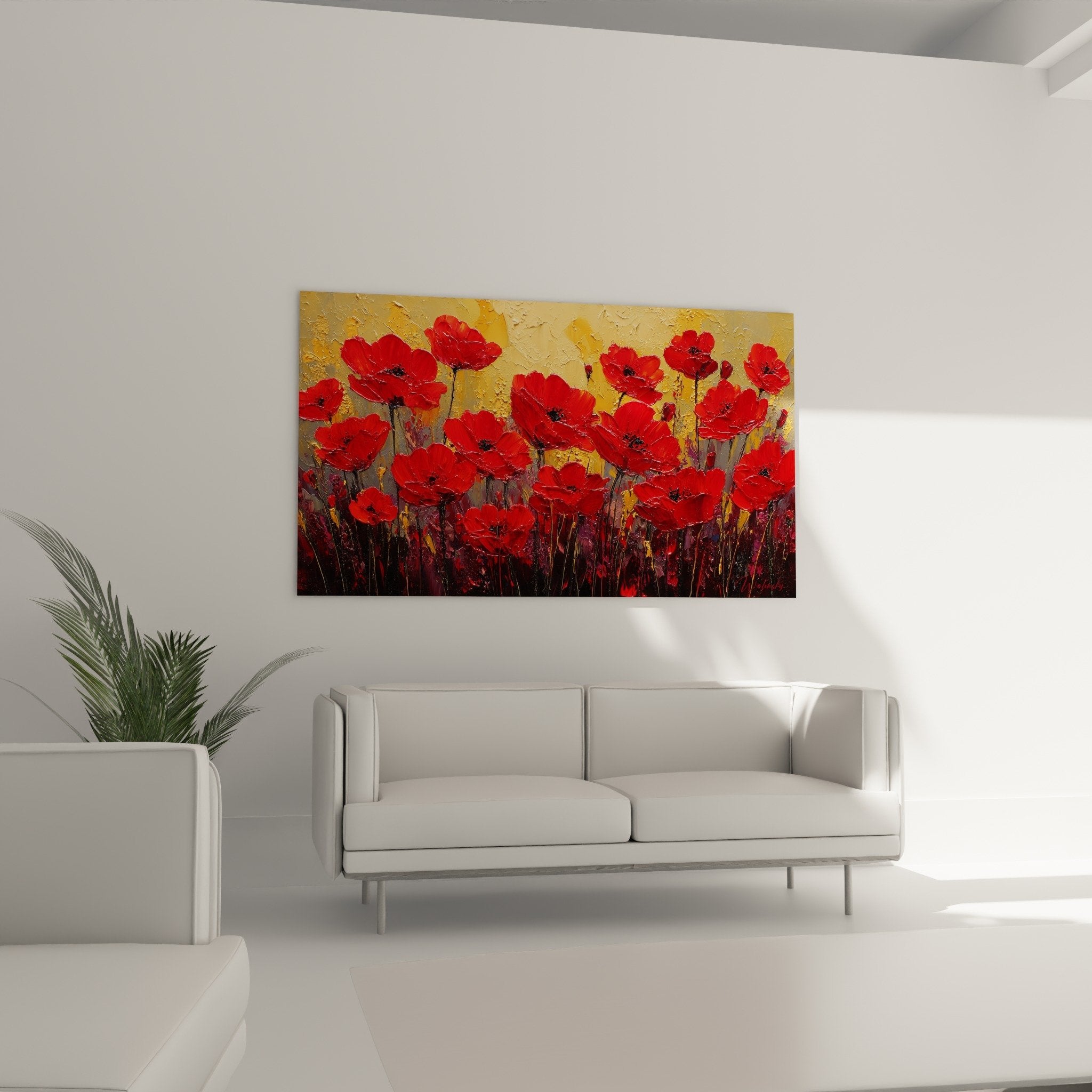 Detail coquelicots rouges peinture texturee empâtements feng shui sud feu art floral