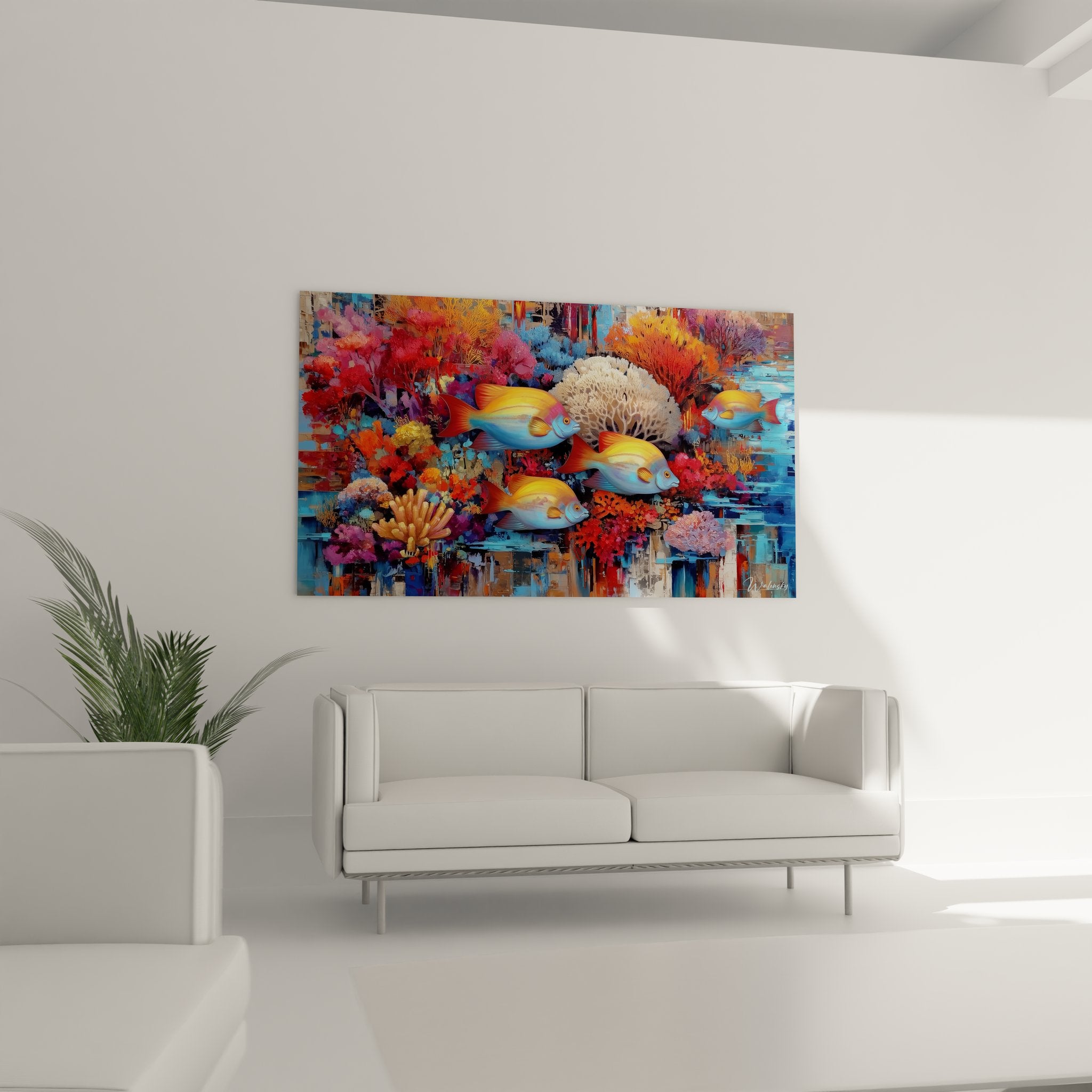 Gros plan détail coraux multicolores et poissons tropicaux - Peinture fonds marins