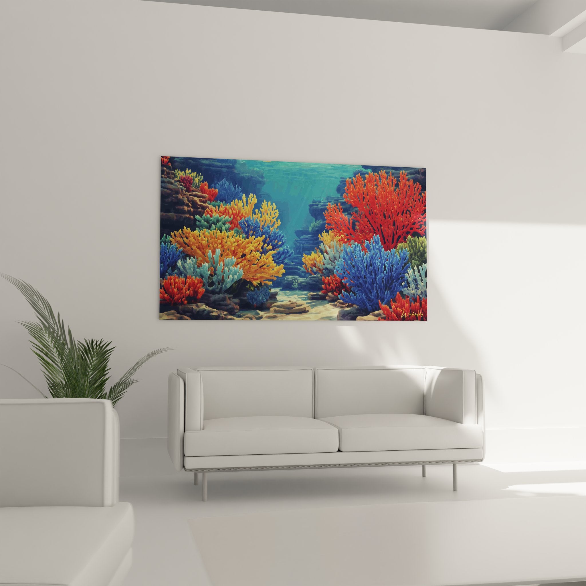 Détail coraux branchus oranges et éventails rouges du tableau récif marin artistique