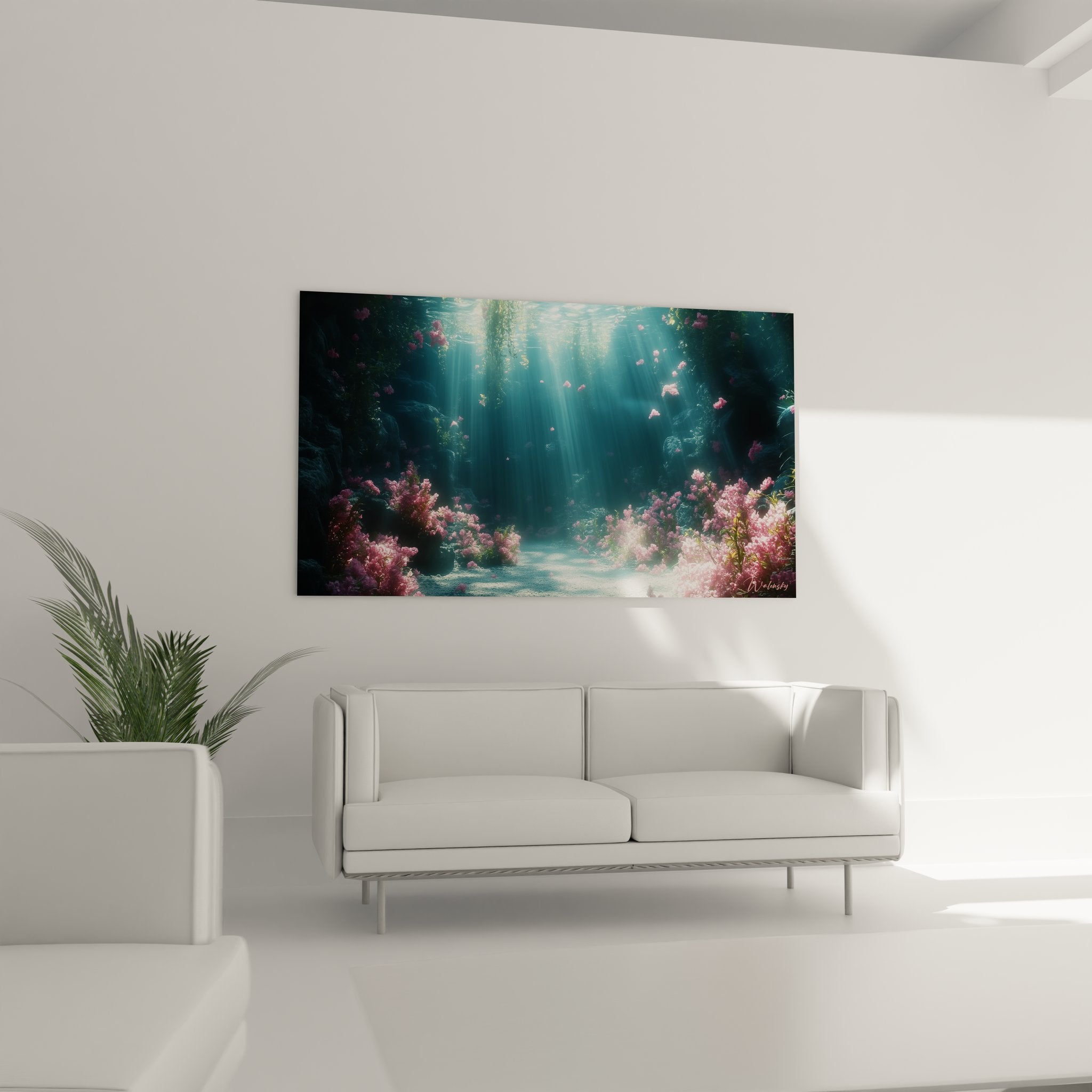 Détail tableau coraux roses submergés avec particules flottantes et effets lumineux sous-marins
