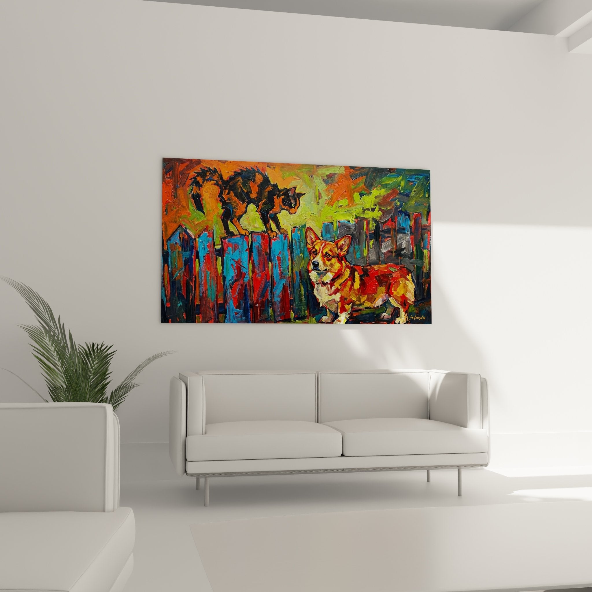 Nahaufnahme fawn Corgi expressionistische Malerei Pinselstrich Textur lebendige Farben Orange