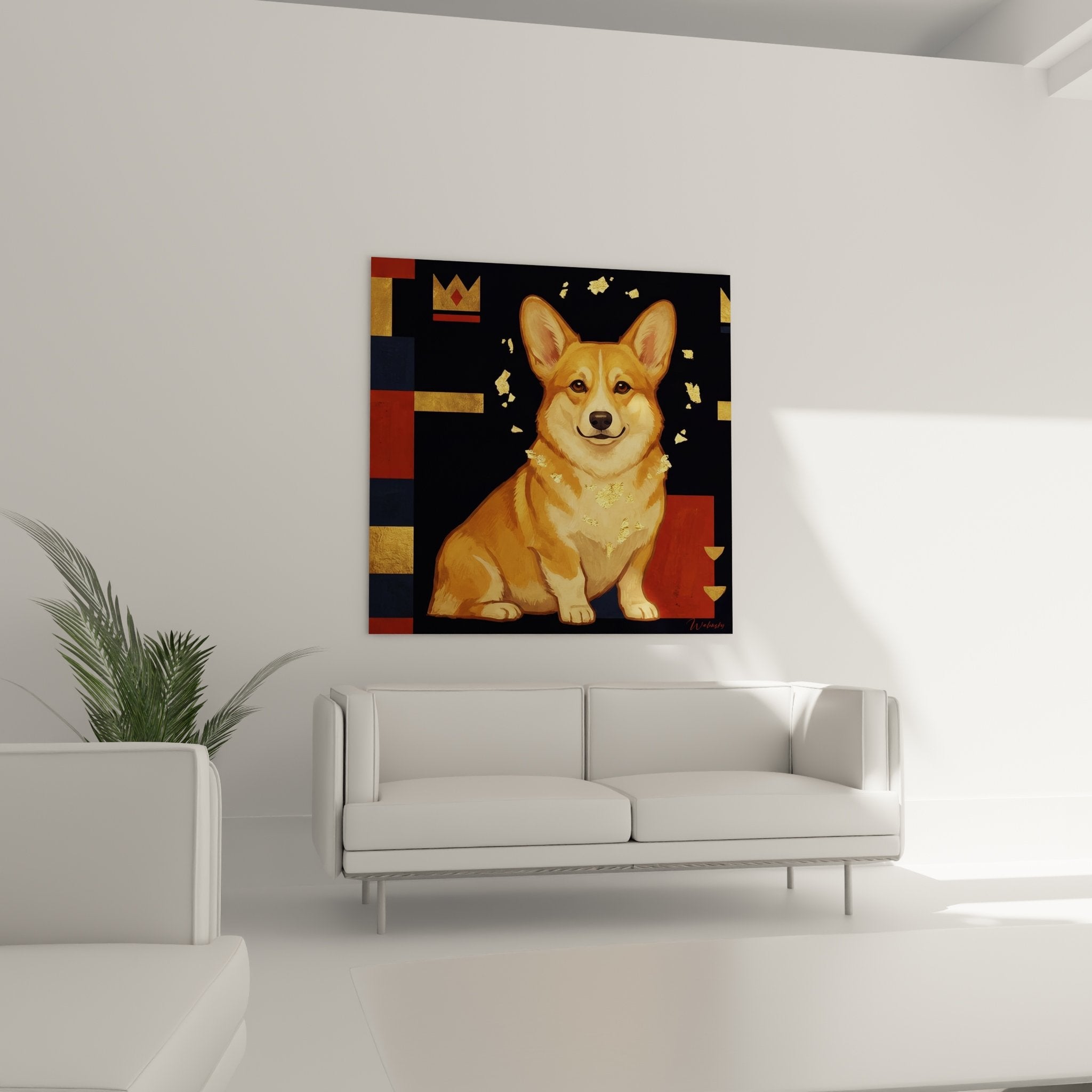 Nahaufnahme des Gemäldes Corgi Pembroke mit rehbraunem Fell und goldenen Glitzereffekten auf abstraktem Hintergrund