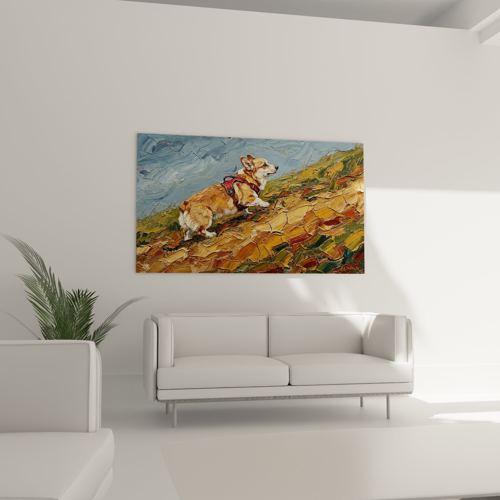 Detailaufnahme Ölgemälde Corgi mit fauves und weißem Fell, rotem Geschirr, Ölmalerei-Textur und Pinselstrich
