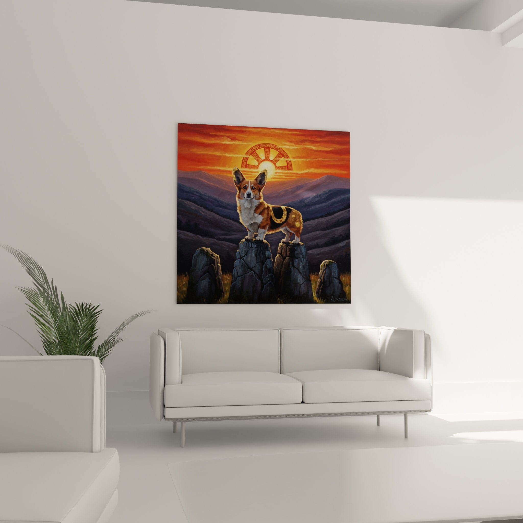 Detail vergoldeter Verzierungen und edler Blick des mystischen Pembroke Corgi mit leuchtendem keltischem Symbol im Hintergrund