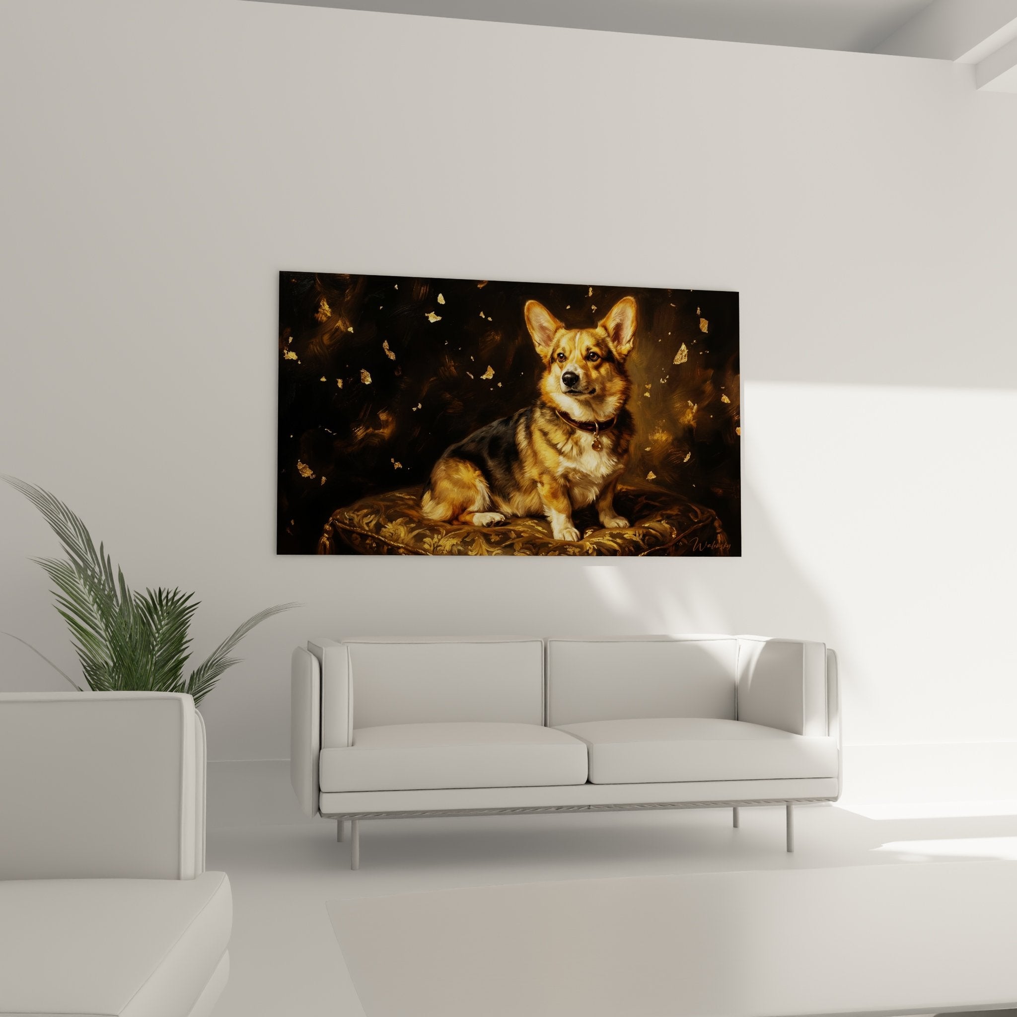 Detailporträt Corgi Pembroke dreifarbiges Fell fauve weiß bernsteinfarbene Augen goldenes Licht Barocksofa
