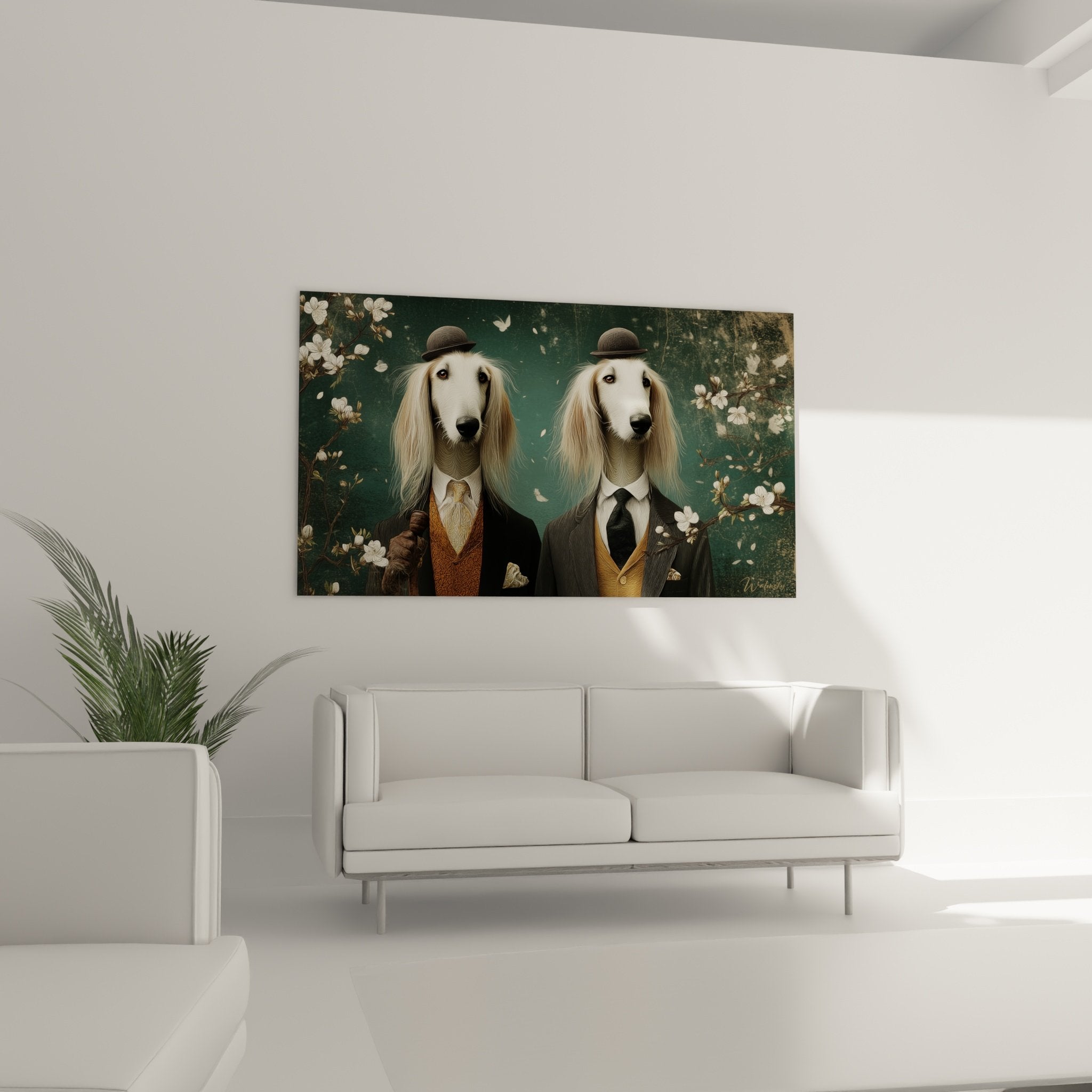 Detail costumes victoriens Levriers Afghans gilets brodes chapeaux melon pelage soyeux blond