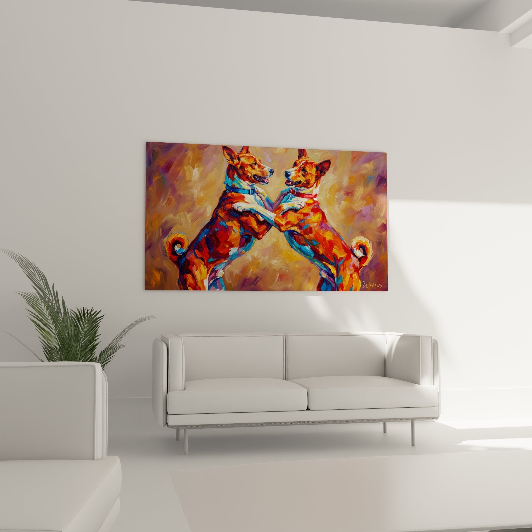 Nahaufnahme des Gemäldes mit lebendigen orange- und türkisfarbenen Fellen der expressionistischen Basenji-Hunde
