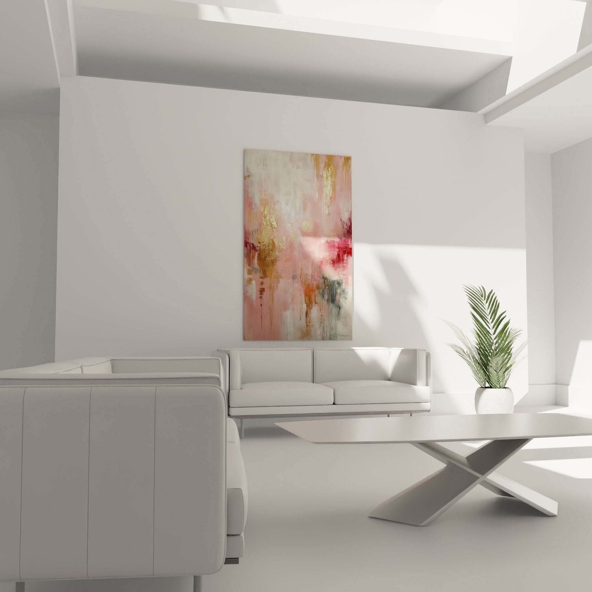 Detail coulures dorees et textures vaporeuses tableau abstrait rose feng shui sud-ouest terre