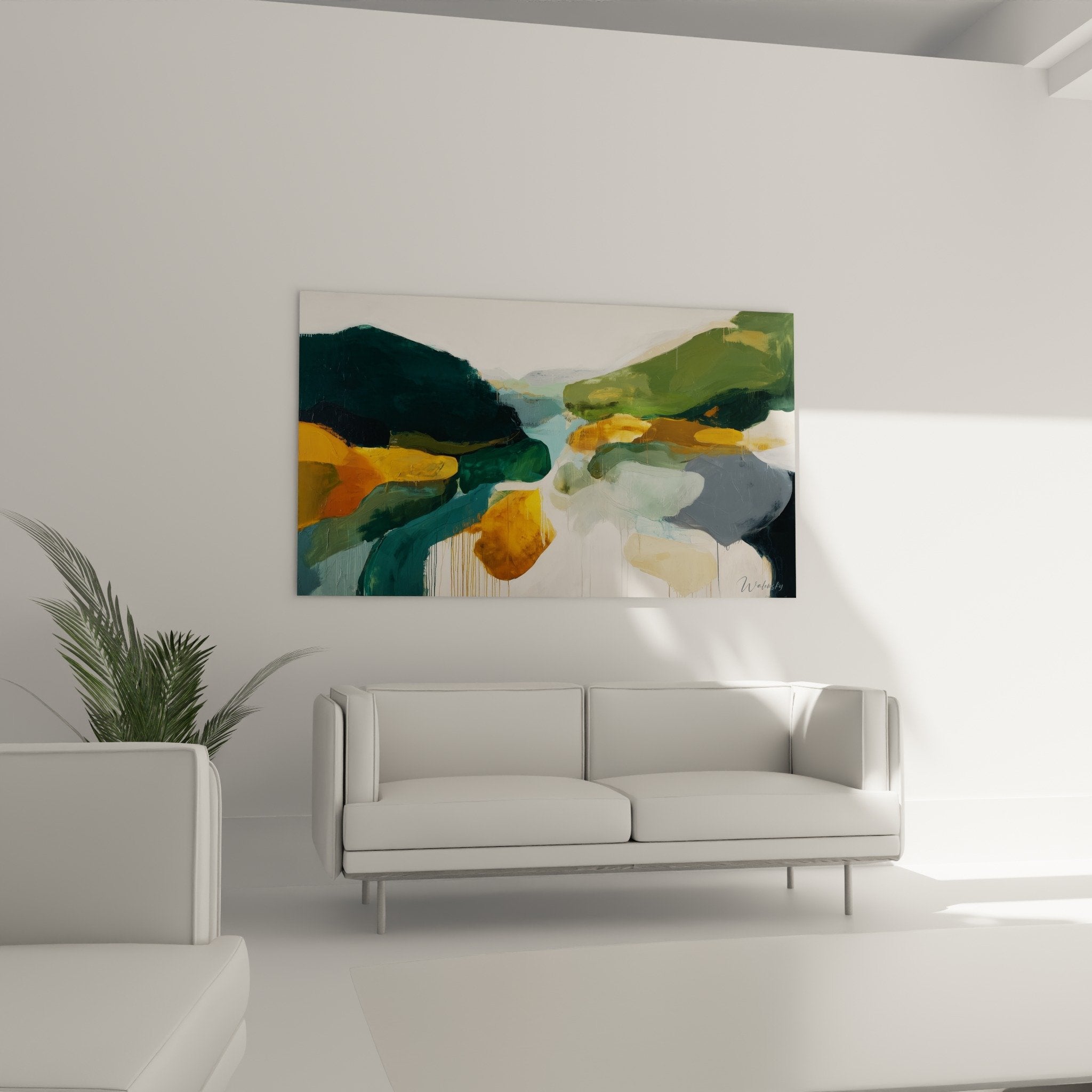 Detail coulures verticales formes fluides peinture abstraite verte ocre turquoise feng shui