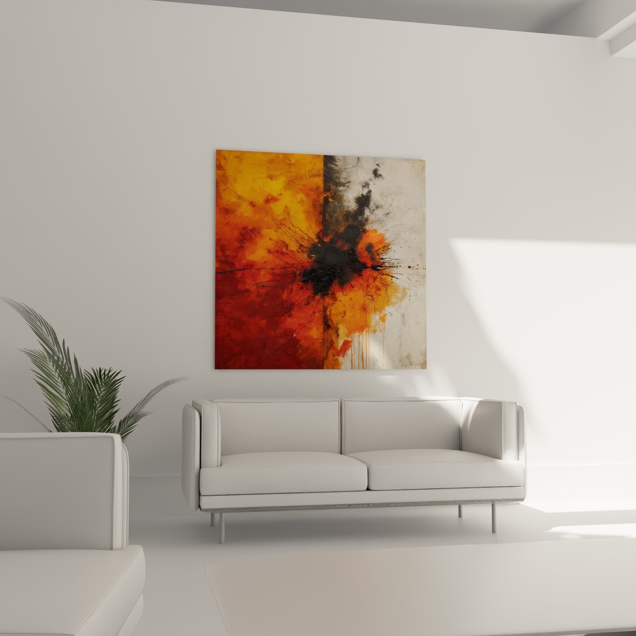 detail tableau abstrait coulures orange eclaboussures noires peinture gestuelle art contemporain