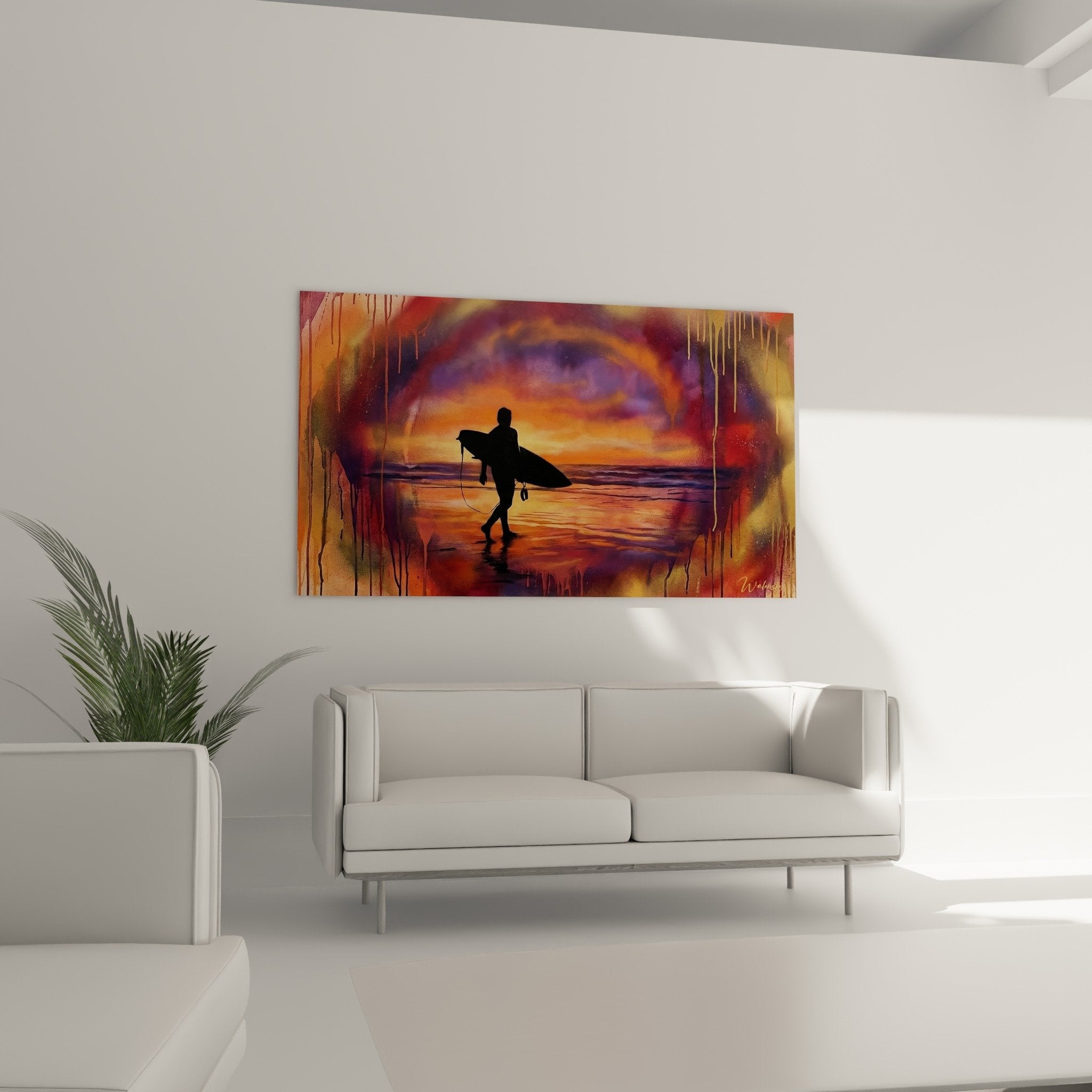 Detail coulures peinture artistique orange violet tableau surfeur coucher soleil tropical Bali