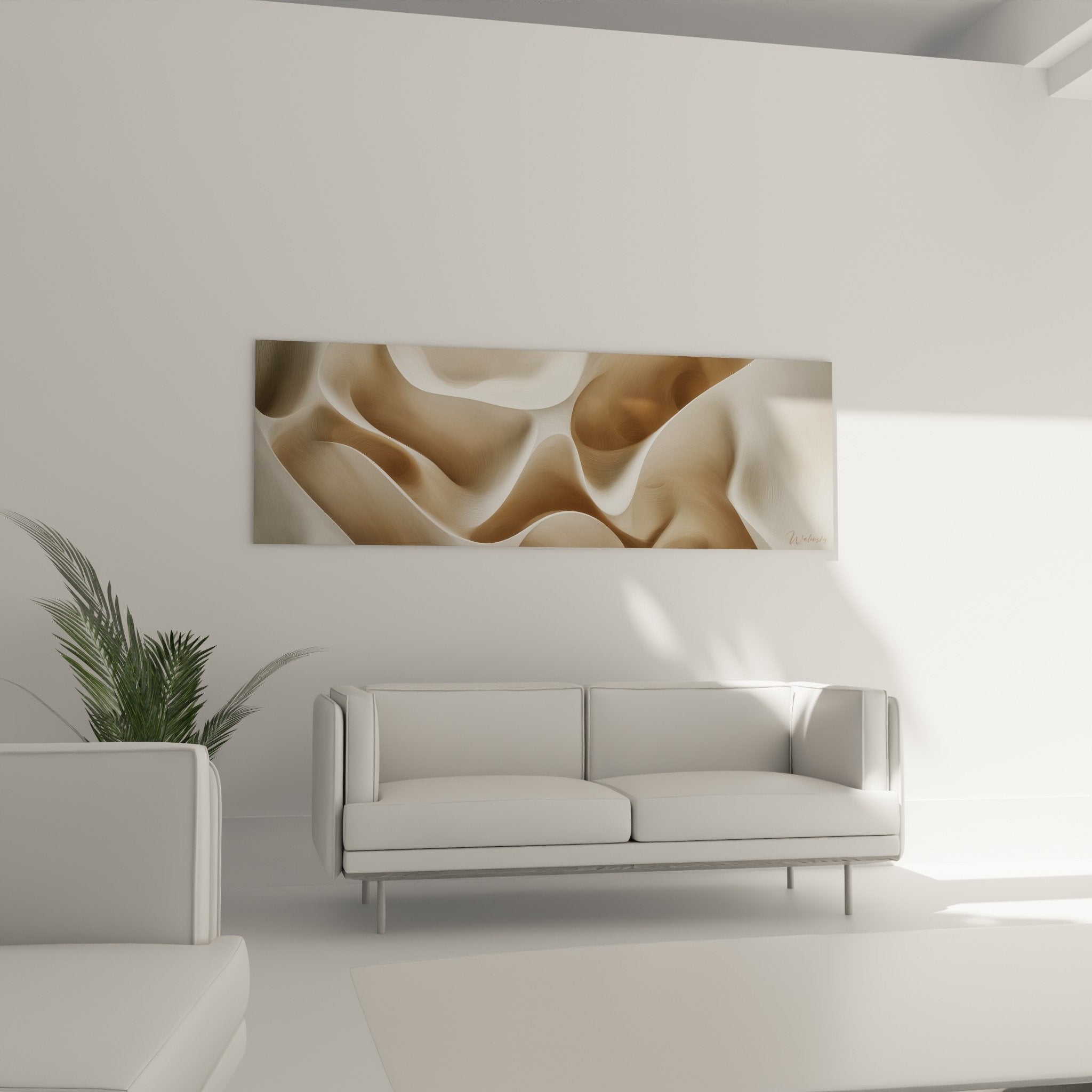 Gros plan sur les courbes sensuelles beiges et crème du tableau abstrait Feng shui Centre Terre