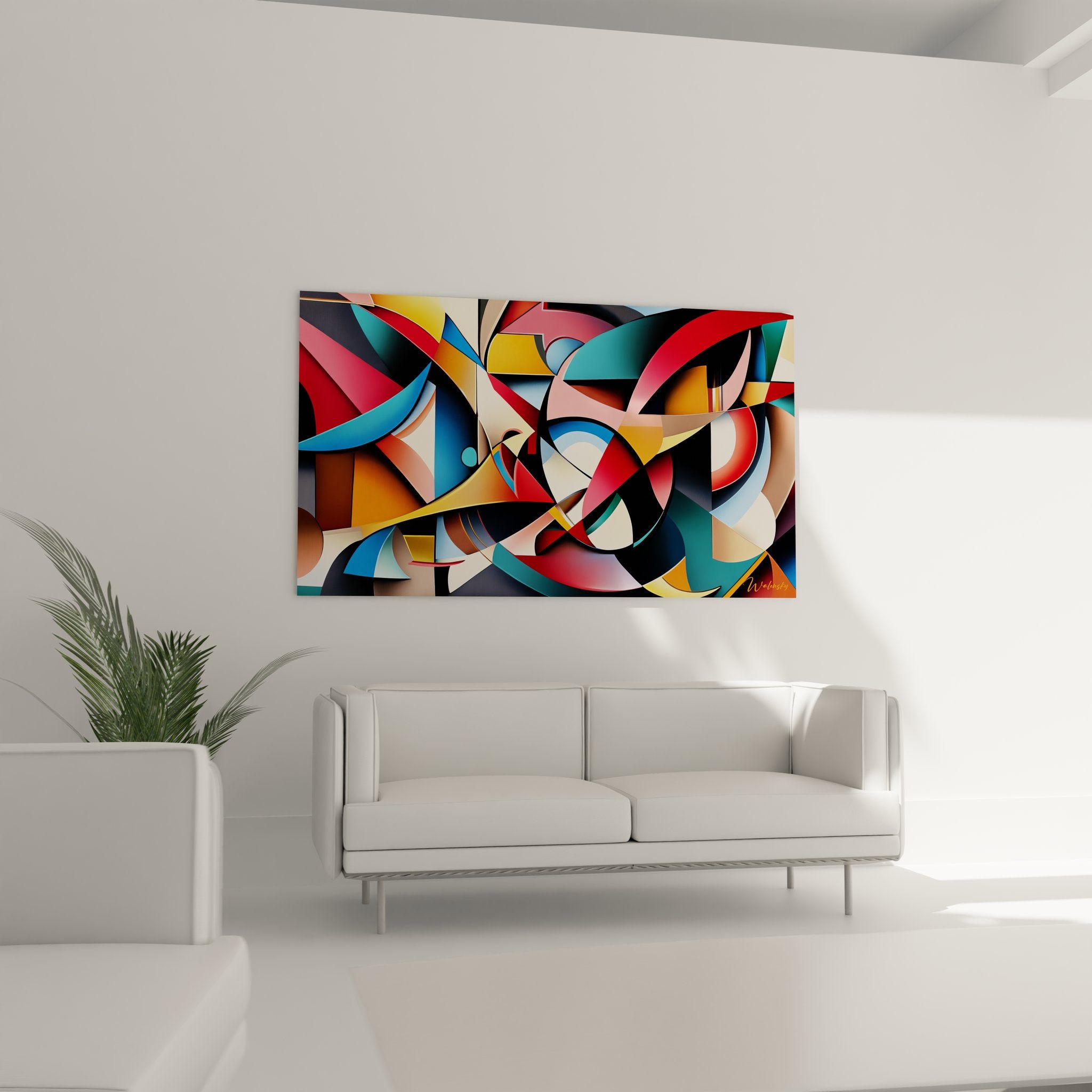 Détail gros plan tableau courbes entrelacées couleurs vives art géométrique abstrait