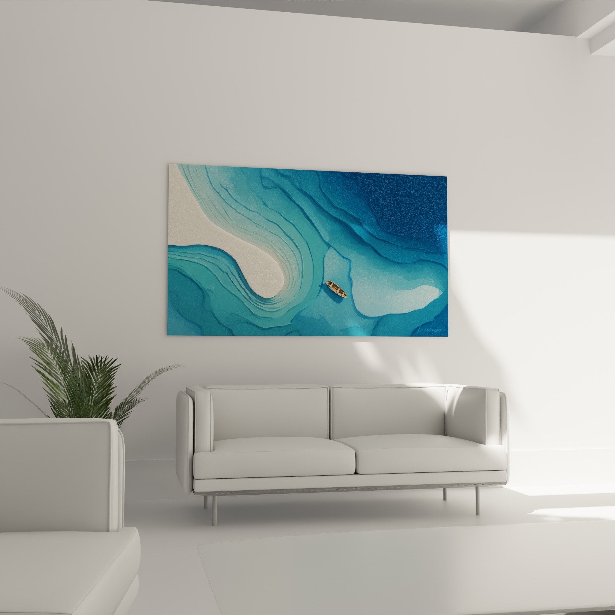 Detail of oceanic blue curves and wooden boat feng shui wall art north water element