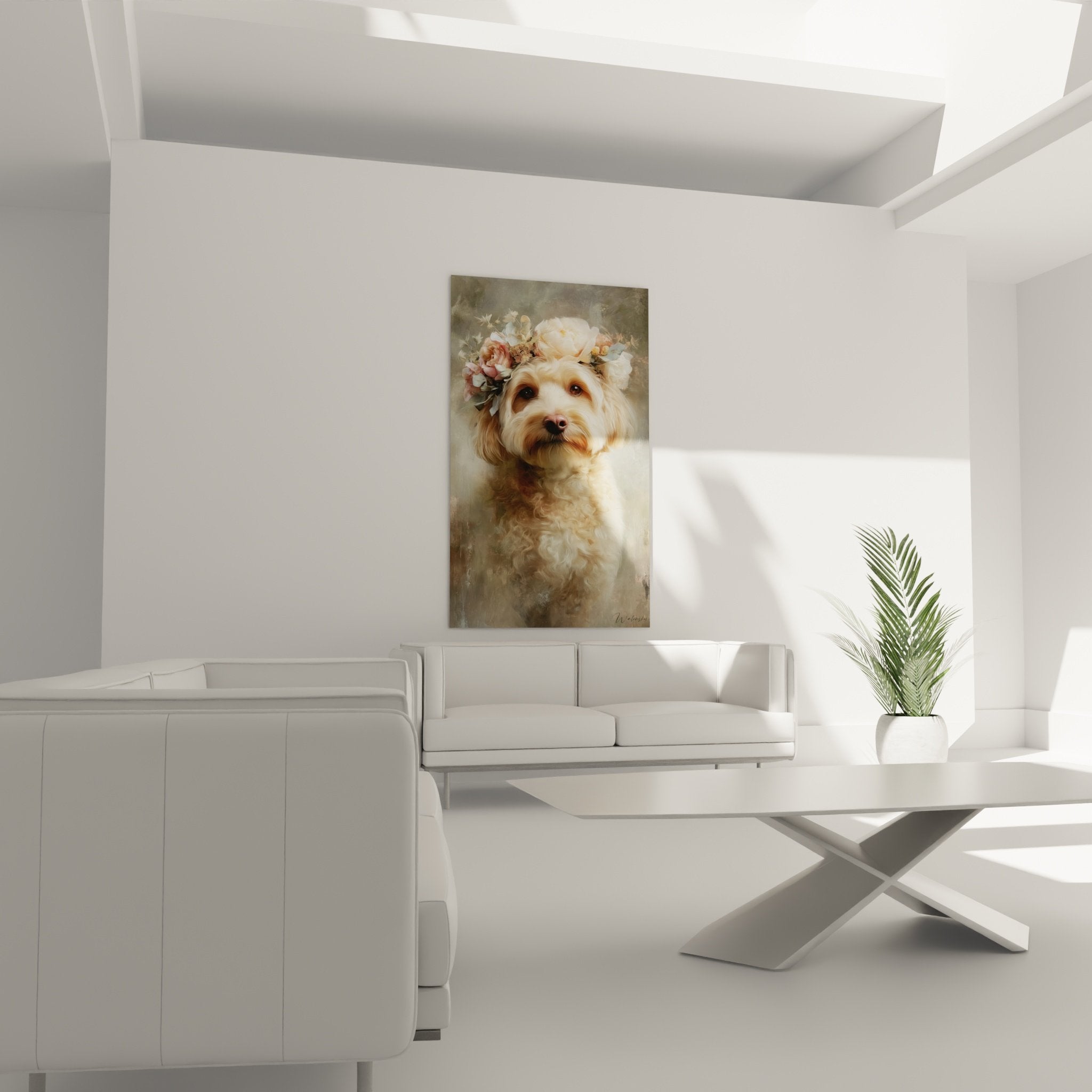 Detail couronne fleurs roses blanches caniche pelage dore texture realiste peinture pastel